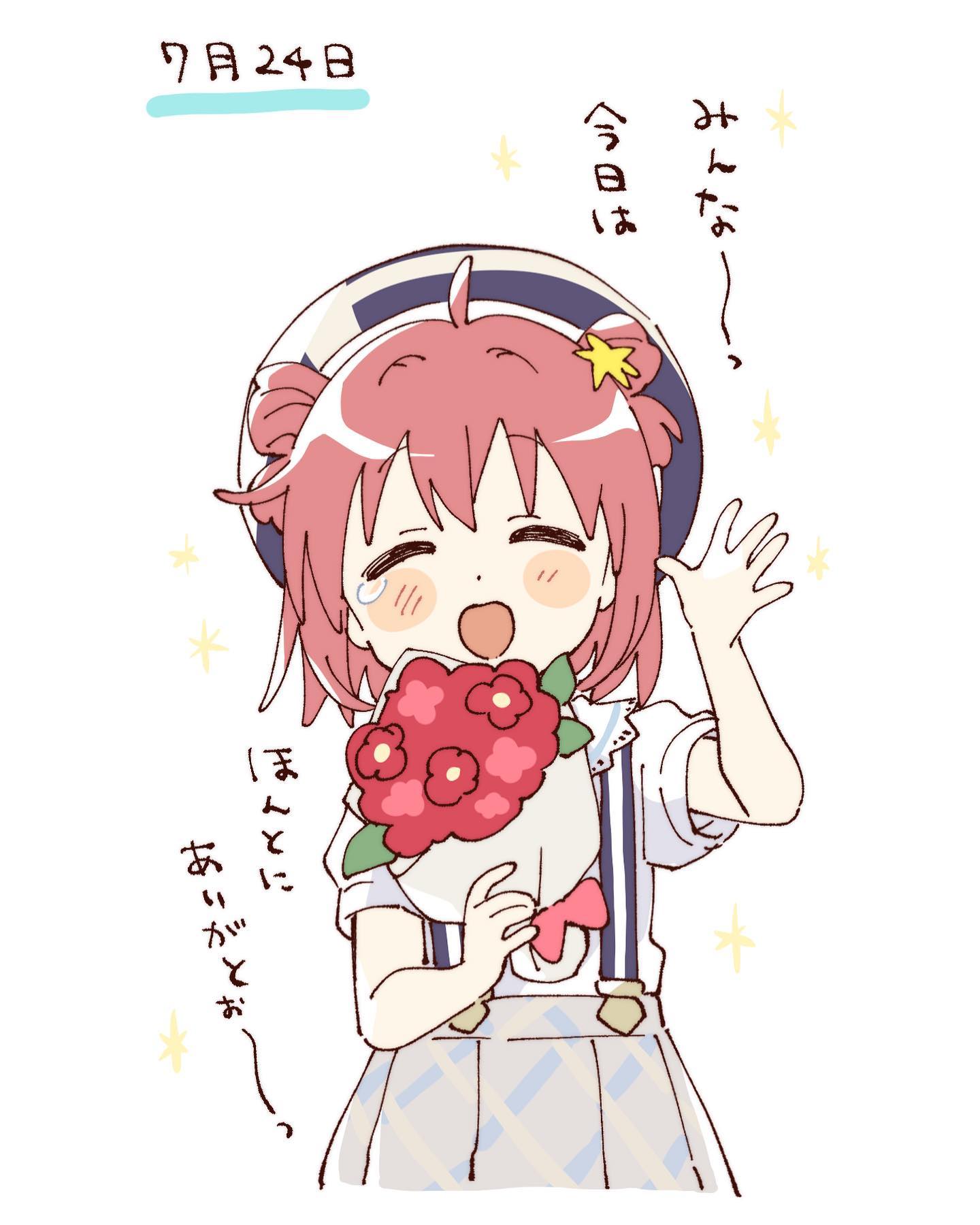 namori, akaza akari, yuruyuri, hashtag-only commentary, highres, translation request, 1girl, :d, ^ ^, ahoge, blue hat, blush stickers, bouquet, closed eyes, cropped legs, dot nose, double bun, dress, facing viewer, flower, hair bun, hand up, hat, holding, holding bouquet, open mouth, red flower, red hair, short hair, short sleeves, simple background, smile, solo, sparkle, waving, white background, white dress