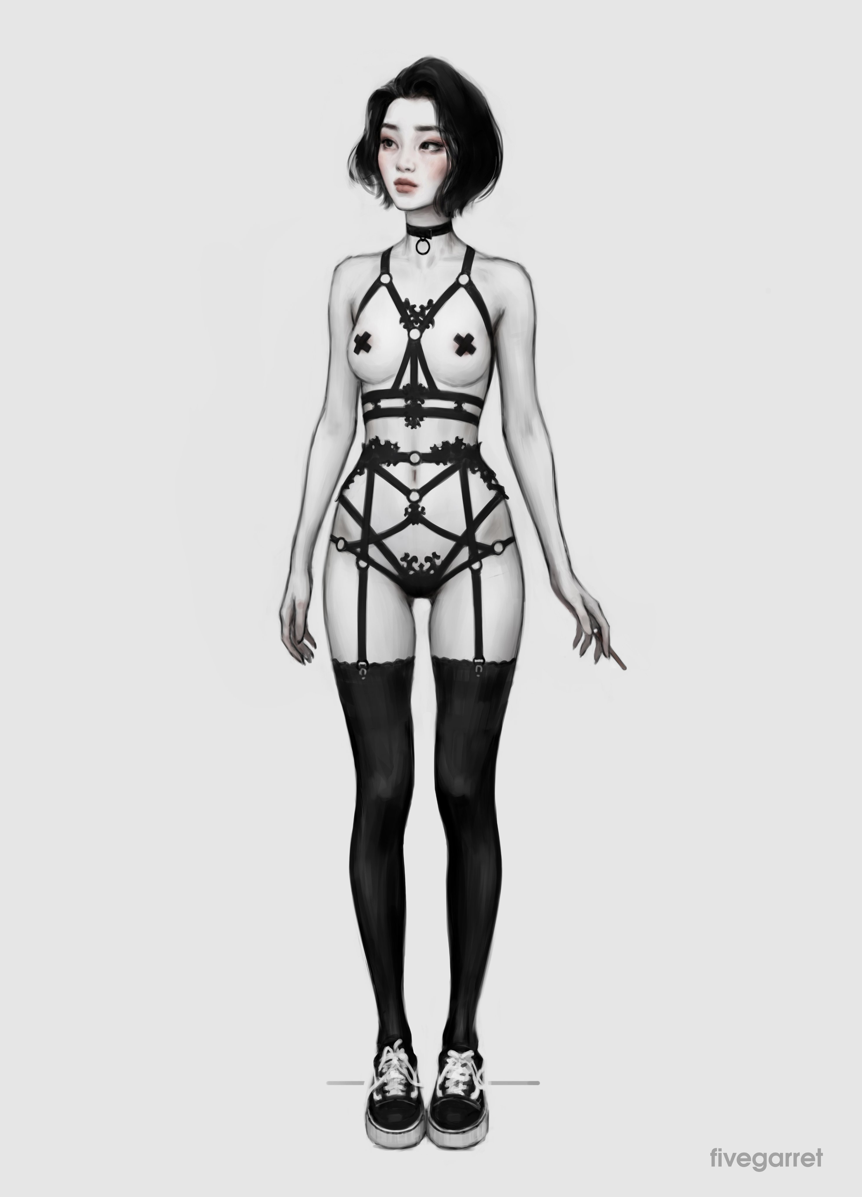 fivegarret, original, absurdres, commentary, english commentary, highres, 1girl, artist name, bandaid, bandaids on nipples, belt collar, black thighhighs, blush, breasts, cigarette, collar, collarbone, crossed bandaids, greyscale, holding, holding cigarette, lingerie, lipstick, makeup, monochrome, navel, o-ring suspenders, pasties, shoes, short hair, simple background, small breasts, sneakers, solo, spot color, standing, thigh strap, thighhighs, underwear, underwear only