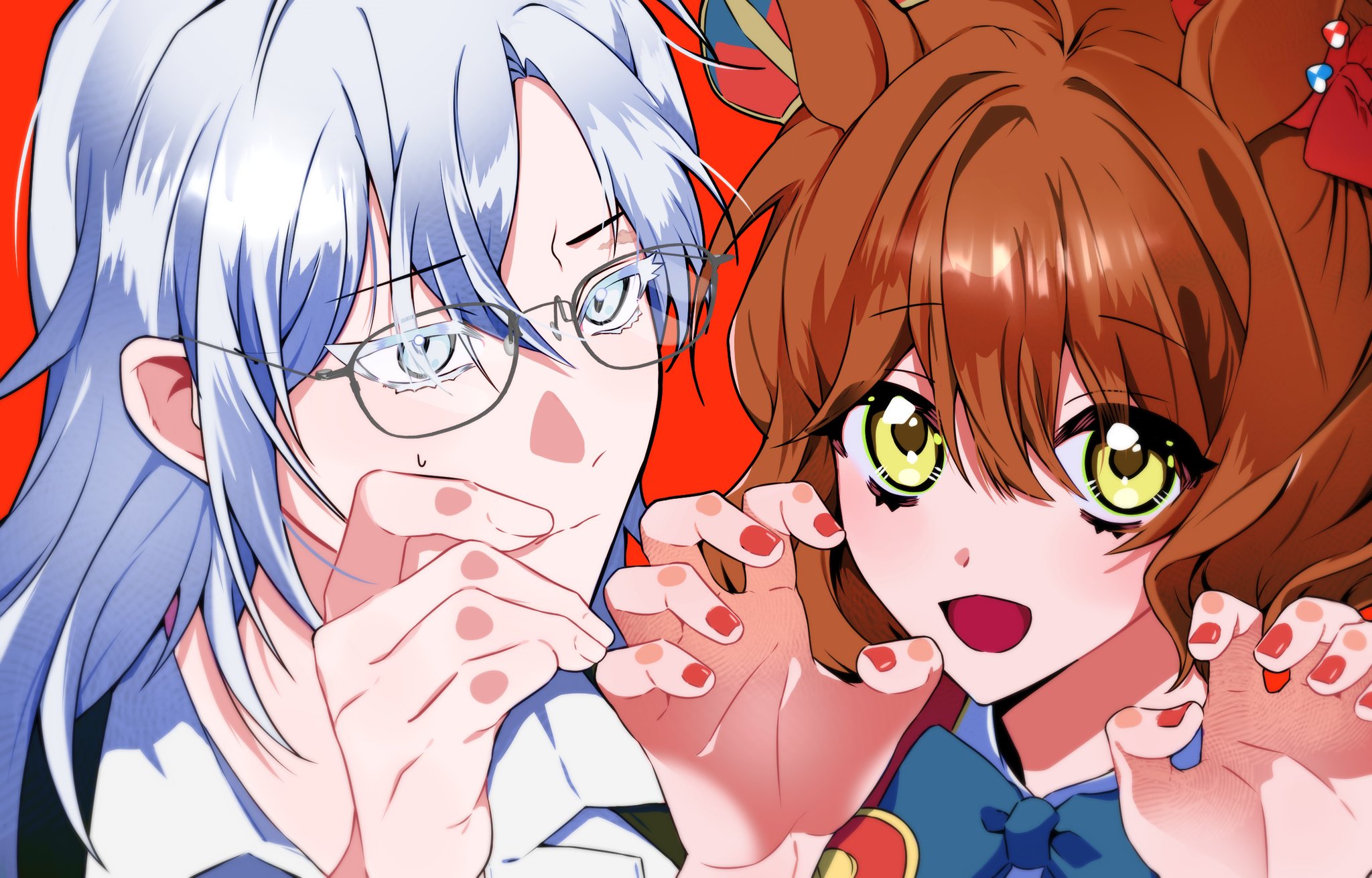 aston machan (flare) (umamusume), aston machan (umamusume), female trainer (umamusume), trainer (umamusume), original, umamusume, commission, highres, second-party source, 2girls, :d, animal ears, azathoth (a89723763), blue bow, blue bowtie, bow, bowtie, brown hair, claw pose, collared shirt, colored eyelashes, crown, ear ornament, glasses, grey eyes, grey hair, hair between eyes, hand up, horse ears, horse girl, long hair, multiple girls, nameless trainer (6543 plz), oc x canon, open mouth, portrait, red background, red nails, shirt, simple background, small sweatdrop, smile, white shirt, yellow eyes