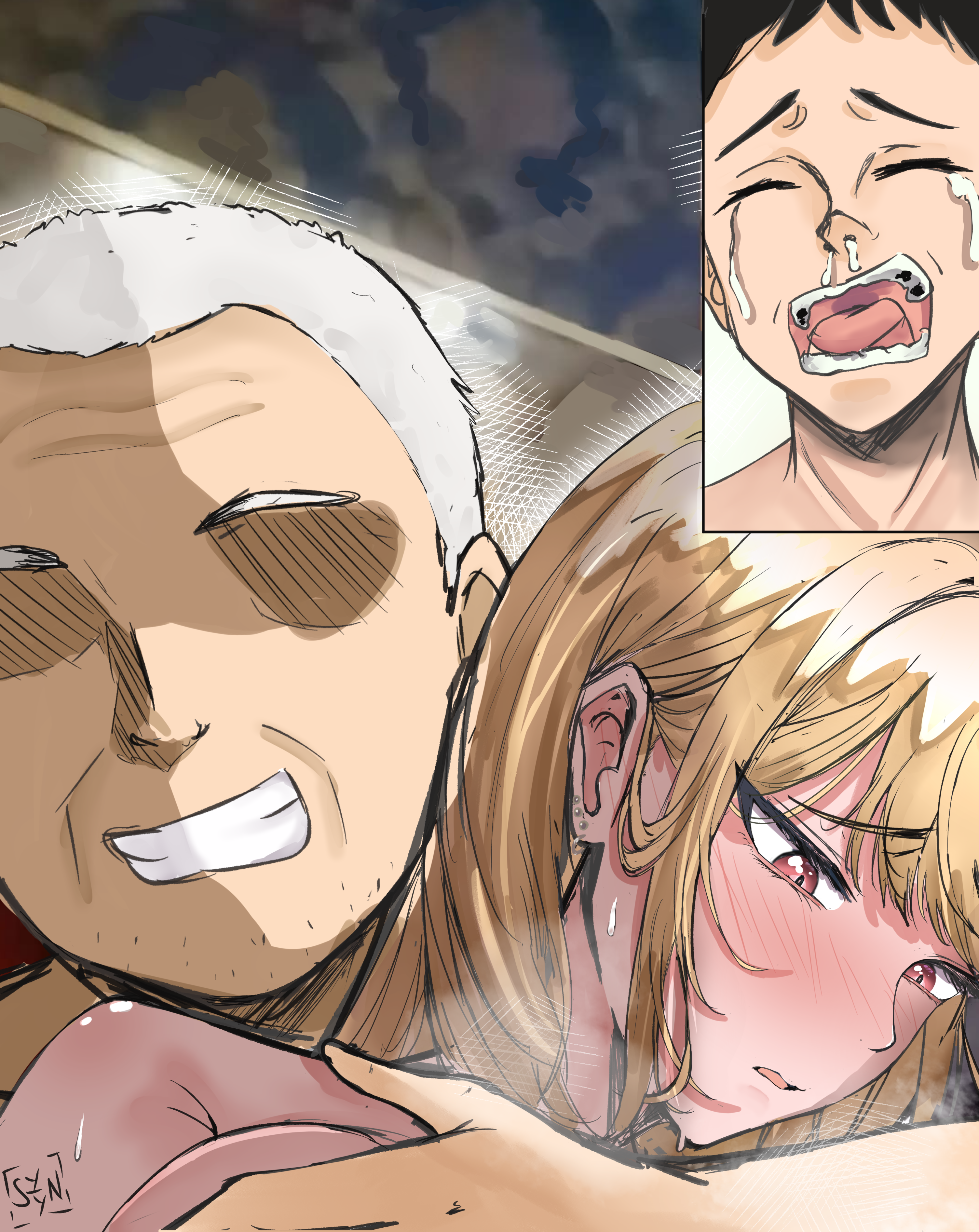syyn (syyndev), gojou kaoru, kitagawa marin, sono bisque doll wa koi wo suru, highres, 1girl, 2boys, blonde hair, blush, breasts, closed eyes, crying, ear piercing, gojou's imaginary technique, grabbing another's breast, grandfather and grandson, groping, gyaru, implied sex, kazuya crying (meme), large breasts, long hair, multiple boys, netorare, older male and younger female, open mouth, piercing, red eyes, sex, sidelocks, smile, teeth, white hair