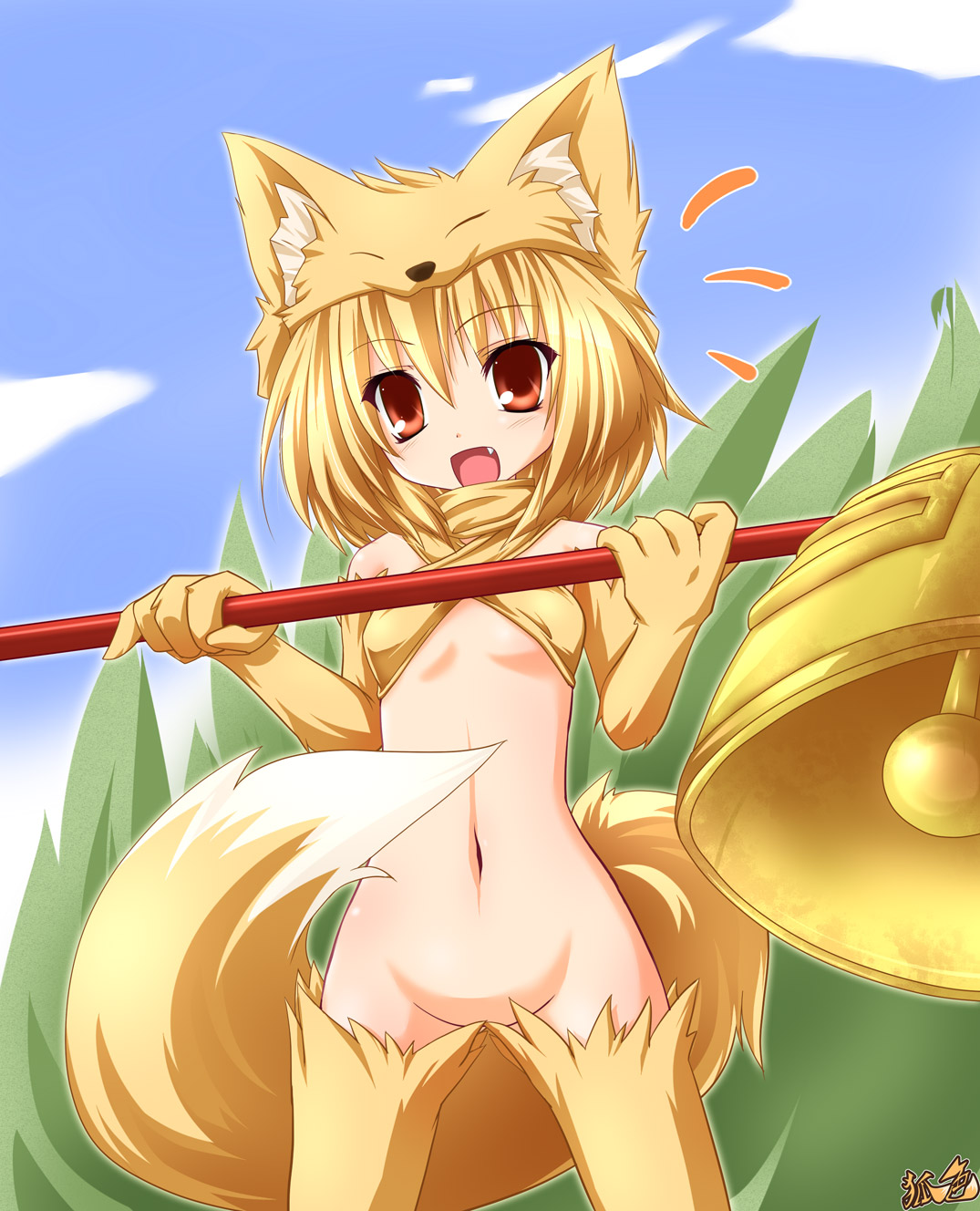 kazami karasu, moonlight flower, ragnarok online, highres, 1girl, animal costume, animal ear fluff, animal ears, bell, criss-cross halter, elbow gloves, fang, female focus, fox ears, gloves, halterneck, hat, midriff, no panties, red eyes, solo, tail, thighhighs, yellow hat