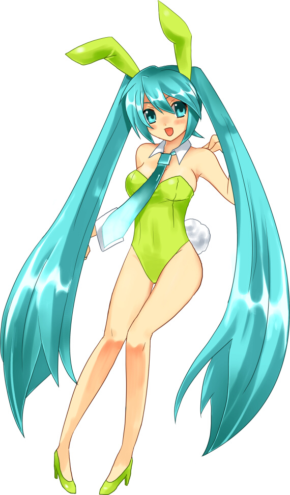 hayama eishi, nari otoko, hatsune miku, vocaloid, bad id, bad pixiv id, 1girl, animal ears, aqua eyes, aqua hair, bare legs, fake animal ears, female focus, long hair, necktie, playboy bunny, rabbit ears, solo, twintails