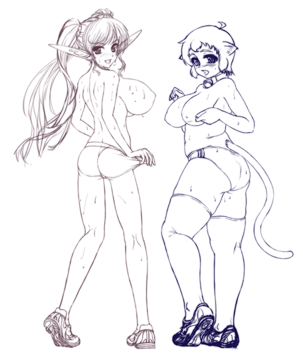 shiba (pixiv244), bad id, bad pixiv id, animal ears, ass, blush, breasts, collar, curvy, huge breasts, long hair, looking back, monochrome, plump, pointy ears, short hair, sweat, tail, thighhighs, topless female, twintails