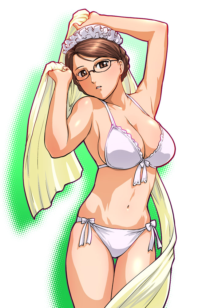 ueyama michirou, emma, emma (victorian romance emma), victorian romance emma, 00s, 1girl, anachronism, armpits, arms up, bikini, bra, breasts, brown eyes, brown hair, female focus, front-tie top, glasses, large breasts, lingerie, maid headdress, panties, side-tie panties, solo, swimsuit, underwear, underwear only