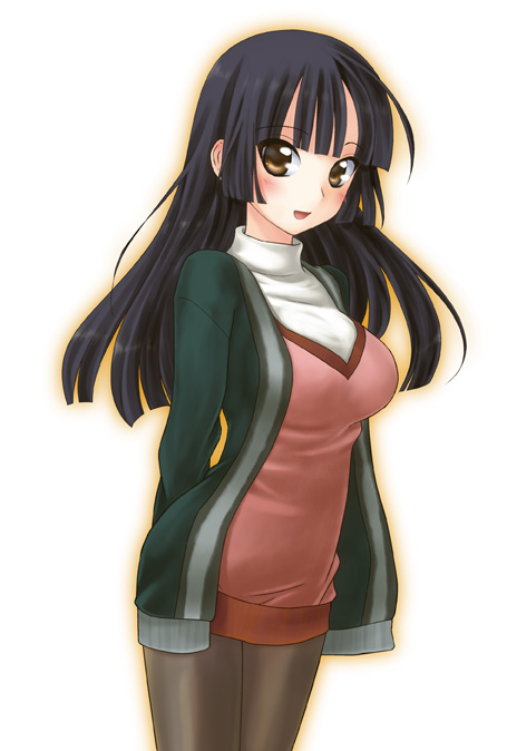 hikabe sakuho, original, arms behind back, black hair, blush, brown eyes, dress, hime cut, long hair, pantyhose, smile, sweater, sweater dress, sweater vest, turtleneck, vest