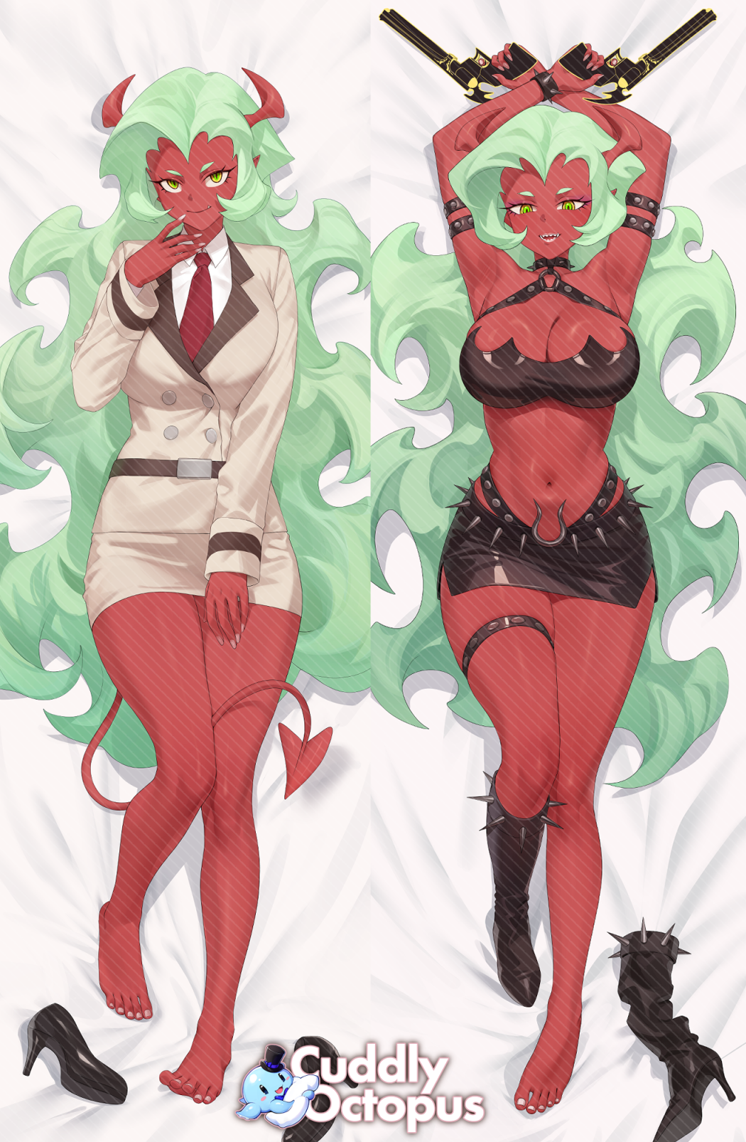 iwbitu, scanty (psg), cuddly octopus, panty & stocking with garterbelt, commentary, highres, 1girl, :d, armpits, arms up, bare legs, barefoot, bed sheet, belt, black shoes, black skirt, boots, breasts, buttons, cleavage, coat, collar, colored skin, crossed wrists, dakimakura (medium), demon girl, demon horns, demon tail, double-breasted, double dakimakura (medium), dual wielding, fang, fang out, fangs, feet, full body, green eyes, green hair, gun, handgun, high heel boots, high heels, holding, holding gun, holding weapon, horns, knee boots, large breasts, long hair, long sleeves, looking at viewer, lying, miniskirt, multiple views, navel, necktie, o-ring, o-ring top, on back, open mouth, pencil skirt, pointy ears, red necktie, red skin, revolver, sharp teeth, shirt, shoes, side slit, single bare foot, single boot, skirt, smile, spiked boots, spiked clothes, spiked collar, spikes, stomach, studded thigh strap, tail, teeth, thigh strap, toes, unworn shoes, very long hair, watermark, wavy hair, weapon, white coat, white shirt, white skirt