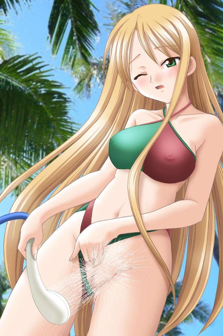 count zero, yukihiro ayaka, mahou sensei negima!, shower, 00s, bikini, bikini bottom aside, blonde hair, blush, breasts, censored, clothing aside, covered erect nipples, frontal wedgie, green eyes, large breasts, long hair, masturbation, nipples, one eye closed, pussy, pussy peek, self wedgie, swimsuit, swimsuit aside, water, wedgie, wink