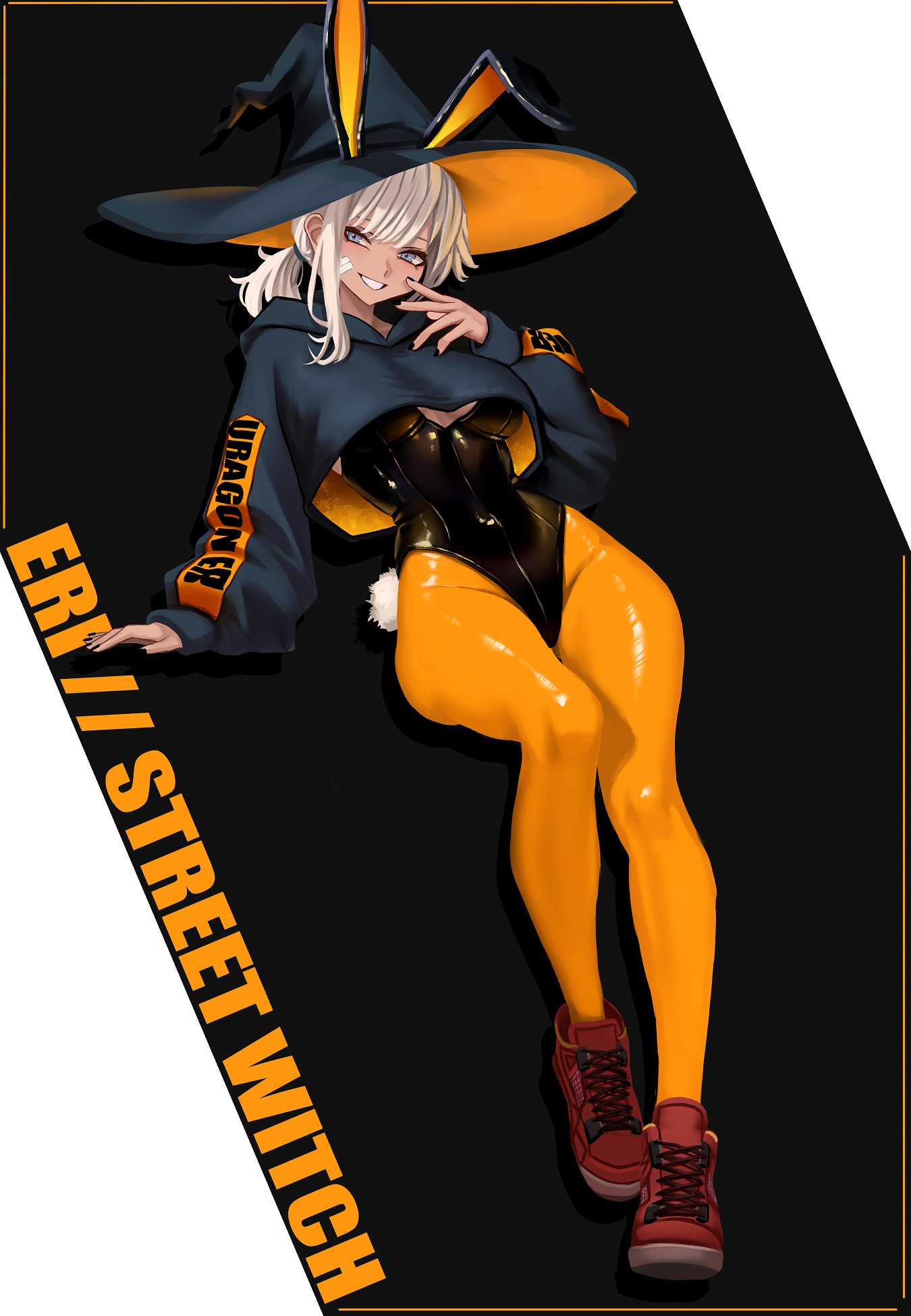 yan kodiac, eri (uragoner), uragoner, commentary, english commentary, highres, 1girl, animal ear hairband, animal ears, bandaid, bandaid on cheek, bandaid on face, black hat, black jacket, black leotard, character name, covered navel, cropped jacket, fake animal ears, fake tail, full body, hairband, hat, hood, hooded jacket, jacket, leotard, looking at viewer, nontraditional playboy bunny, pantyhose, ponytail, rabbit ear hairband, rabbit ears, rabbit tail, shoes, smile, sneakers, solo, tail, white hair, witch, witch hat, yellow pantyhose
