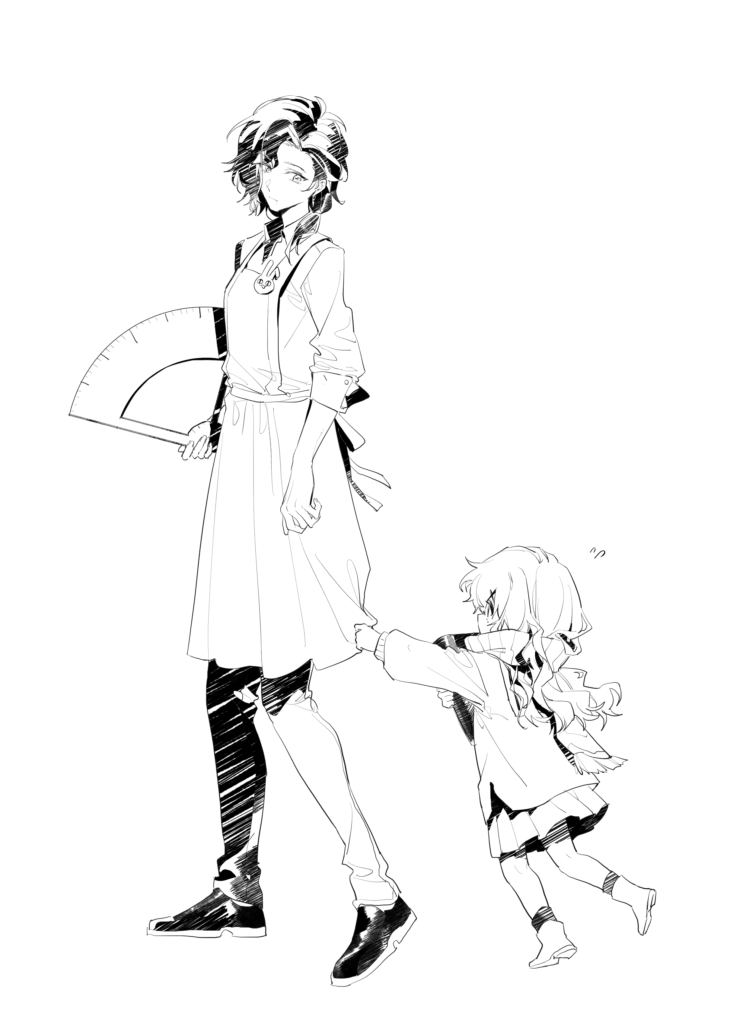 walluka, greta hofmann, marcus (reverse:1999), reverse:1999, absurdres, highres, 2girls, aged down, ankle boots, apron, apron grab, boots, clothes grab, from side, greyscale, holding, looking at another, looking back, medium hair, monochrome, multiple girls, pants, profile, protractor, scarf, shirt, shoes, skirt, walking, white background