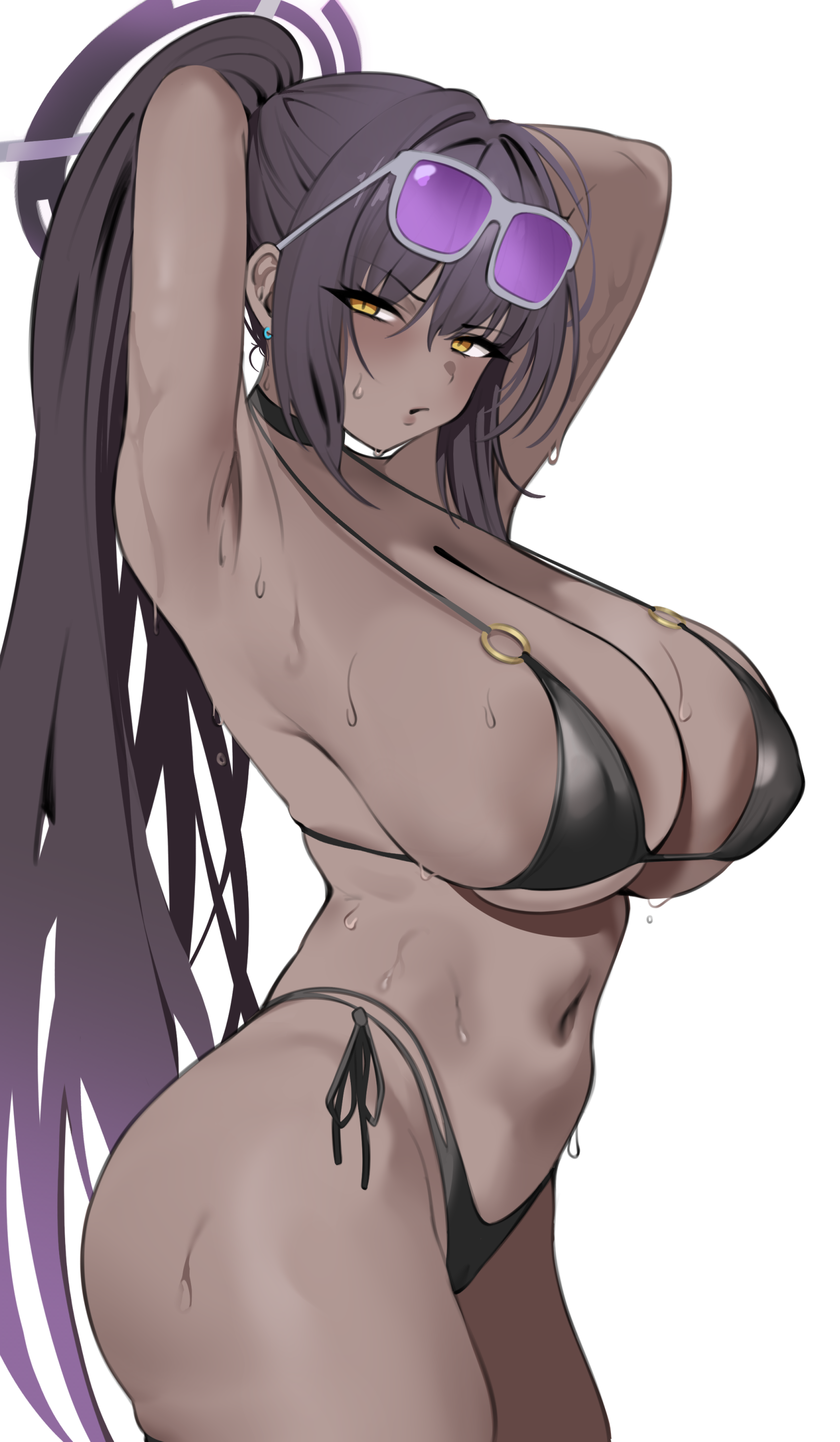 nemuslyp, karin (blue archive), blue archive, absurdres, highres, 1girl, adjusting hair, armpits, bikini, black bikini, black hair, blush, breasts, cleavage, dark-skinned female, dark skin, earrings, eyewear on head, gradient hair, groin, hair between eyes, halo, jewelry, large breasts, long hair, looking at viewer, multicolored hair, navel, o-ring, o-ring bikini, parted lips, ponytail, presenting armpit, purple hair, purple halo, side-tie bikini bottom, sidelocks, solo, sunglasses, swimsuit, thighs, very long hair, wet, yellow eyes