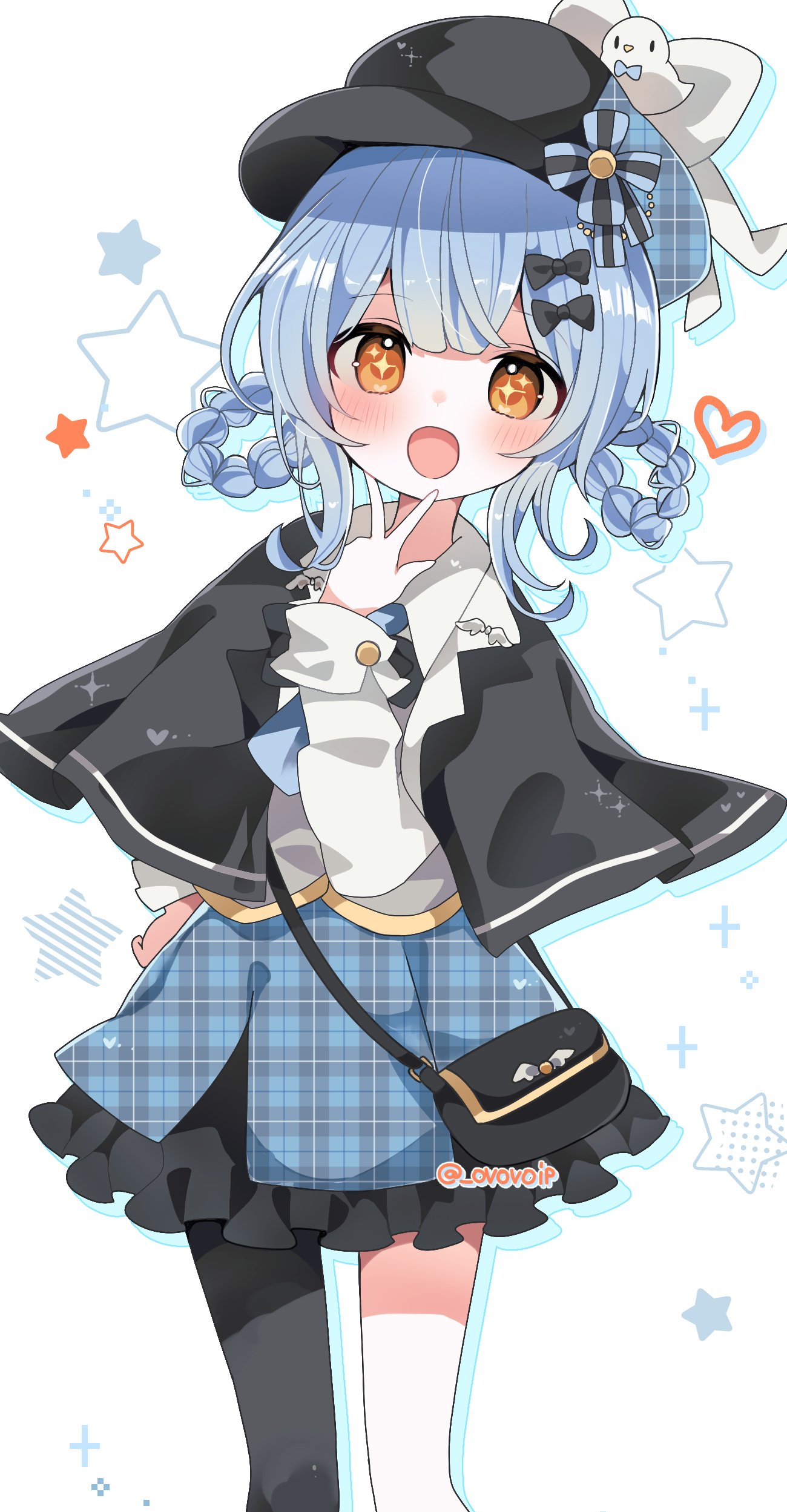 shirasuame shiromaru, tachibana sherry, mahou shoujo no majo saiban, absurdres, highres, + +, 1girl, asymmetrical legwear, bag, black bag, black capelet, blue eyes, blue skirt, bonnet, braid, braided hair rings, capelet, deerstalker, dress, frilled dress, frills, hair rings, hat, heart, looking at viewer, magical girl, messenger bag, open mouth, orange eyes, plaid clothes, plaid skirt, short hair, shoulder bag, simple background, single leg pantyhose, skirt, solo, star (symbol), white background