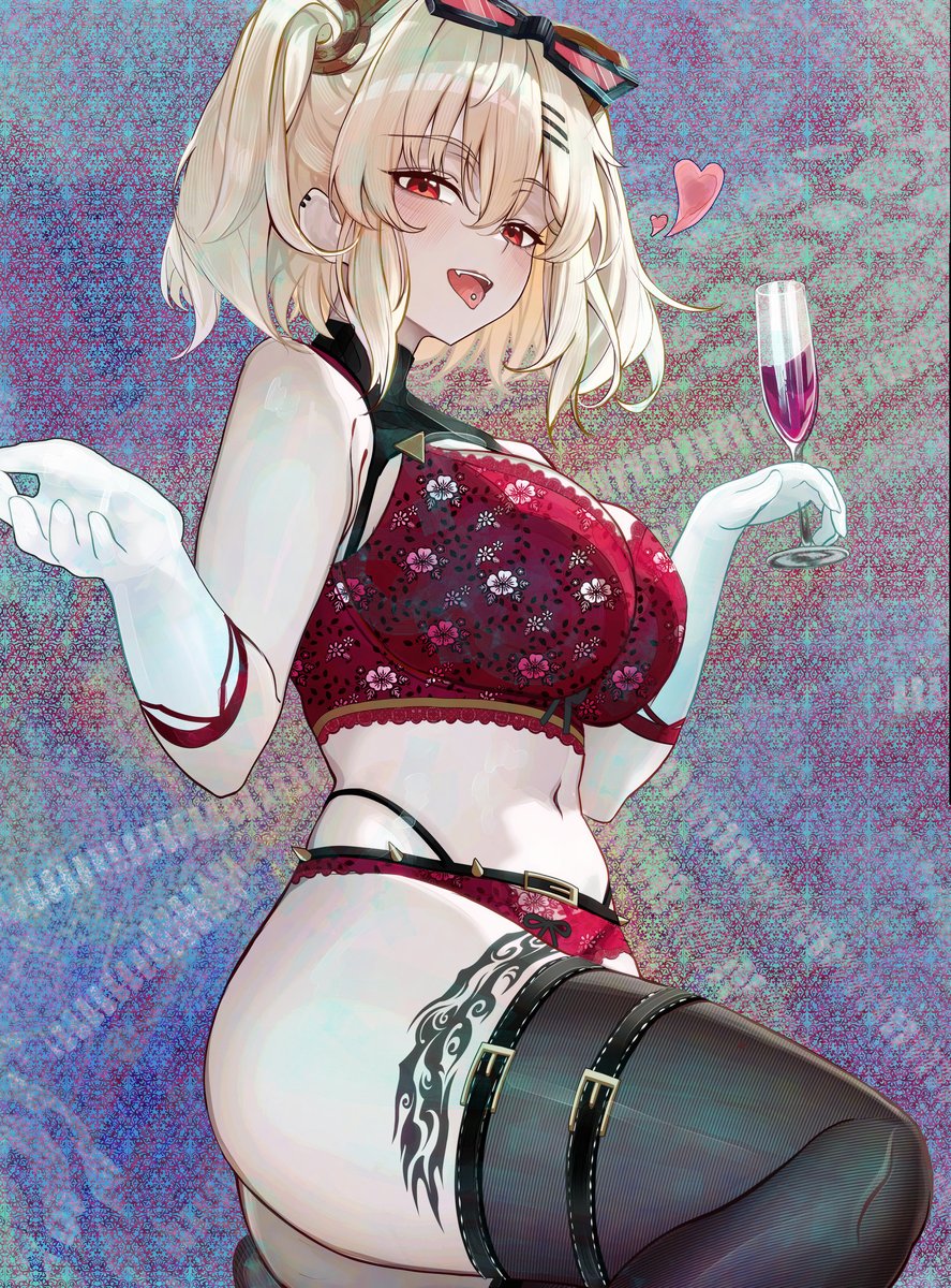 gurei (streaper42846), burnice white, zenless zone zero, commentary, highres, 1girl, alcohol, bare shoulders, black thighhighs, blonde hair, blush, bra, breasts, cup, elbow gloves, eyewear on head, gloves, heart, holding, holding cup, leg tattoo, looking at viewer, navel, open mouth, panties, piercing, red-tinted eyewear, red bra, red eyes, red panties, smile, solo, stomach, sunglasses, tattoo, thighhighs, thighs, tinted eyewear, tongue piercing, underwear, white gloves, wine