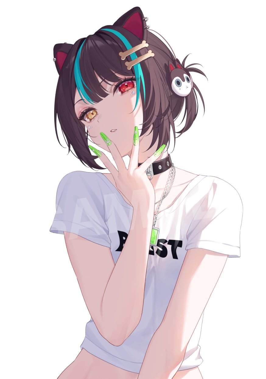 yuki hare1130, inui toko, nijisanji, highres, official art, 1girl, animal ear piercing, animal ears, animal hair ornament, anti-eyebrow piercing, aqua hair, black collar, bone hair ornament, breasts, brown hair, clothes writing, collar, collarbone, dog ears, eyelashes, eyeshadow, face piercing, green nails, hair ornament, hand up, head tilt, heterochromia, jewelry, looking at viewer, makeup, multicolored hair, multiple necklaces, nail polish, official alternate costume, parted lips, pendant, piercing, pink eyeshadow, ponytail, red eyes, sample watermark, shirt, short ponytail, short sleeves, simple background, small breasts, solo, song name, streaked hair, t-shirt, two-tone hair, upper body, very long fingernails, virtual youtuber, watermark, white background, white shirt, yellow eyes