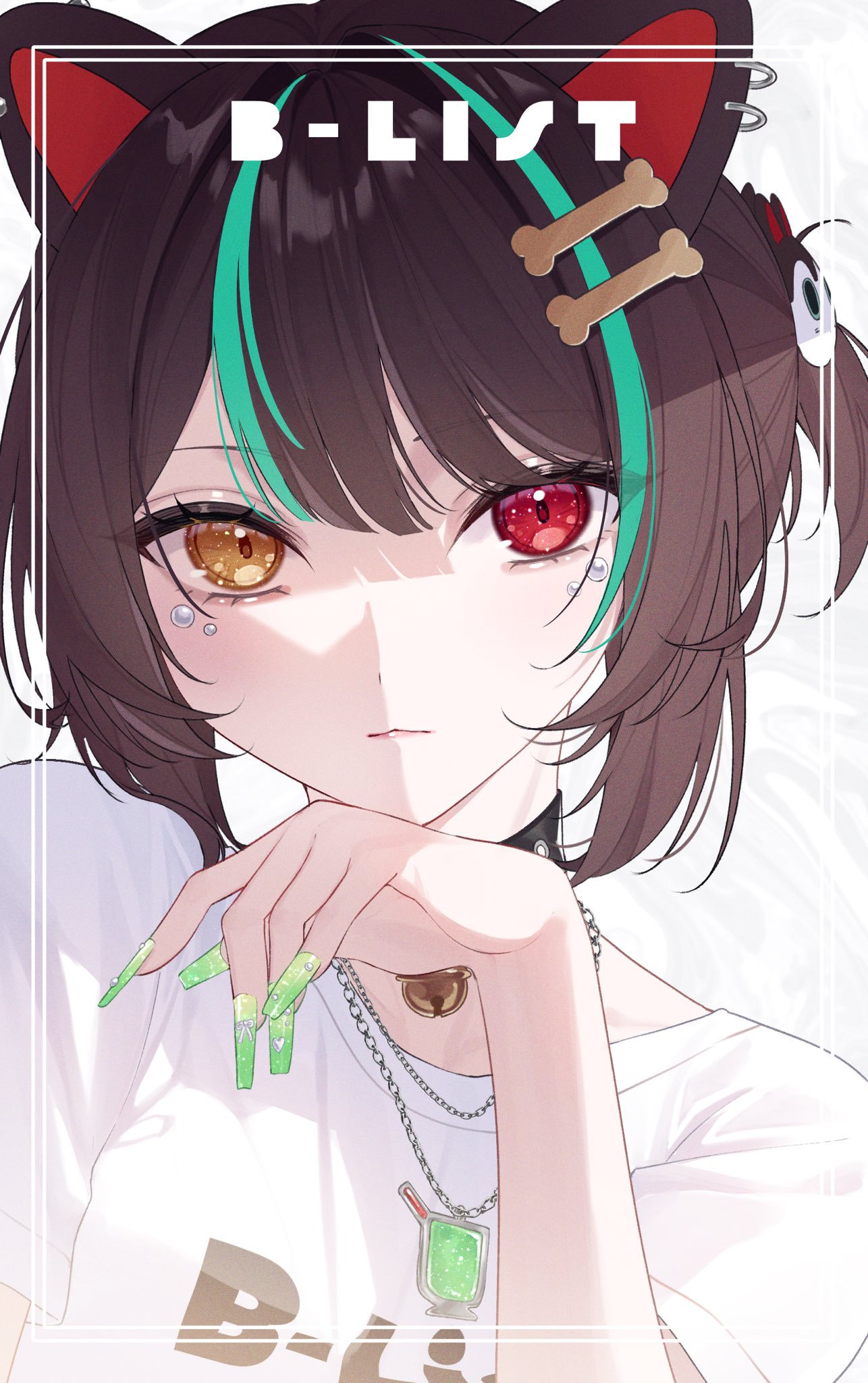 yuki hare1130, inui toko, nijisanji, highres, 1girl, animal ear piercing, animal ears, animal hair ornament, anti-eyebrow piercing, aqua hair, bell, black collar, bone hair ornament, border, brown hair, closed mouth, clothes writing, collar, dog ears, eyelashes, face piercing, gem-studded nails, green nails, grey background, hair ornament, hand on own chin, hand up, head rest, heterochromia, inset border, jewelry, jingle bell, lips, looking at viewer, multicolored hair, multiple necklaces, nail polish, neck bell, official alternate costume, pendant, pendant collar, piercing, ponytail, portrait, red eyes, shirt, short ponytail, short sleeves, solo, song name, streaked hair, t-shirt, two-tone hair, very long fingernails, virtual youtuber, white border, white shirt, yellow eyes