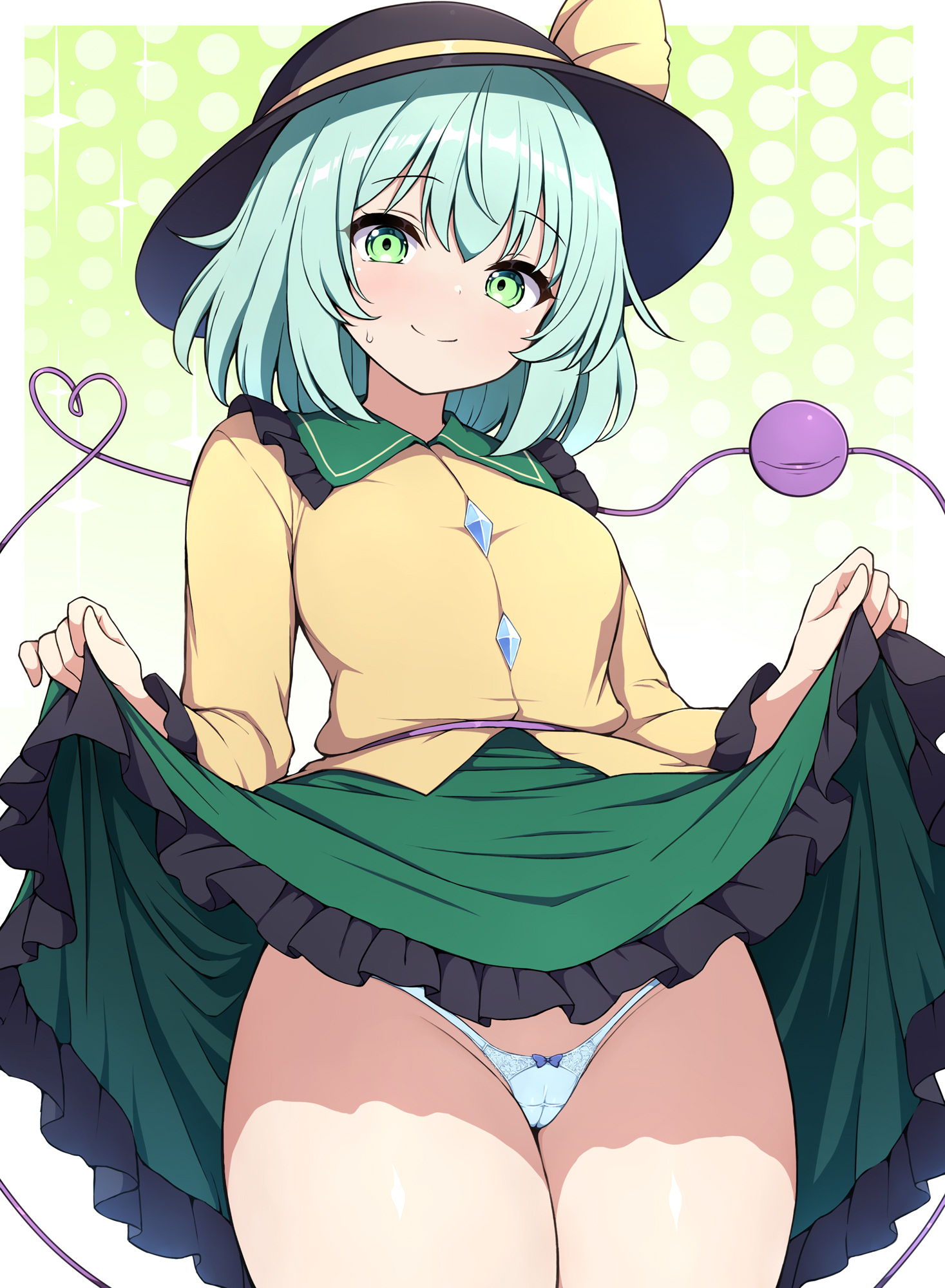 rizento, komeiji koishi, touhou, commentary request, highres, 1girl, blue hair, blue panties, cameltoe, cleft of venus, clothes lift, eyeball, gradient background, green background, green eyes, heart, heart of string, lifting own clothes, long sleeves, looking at viewer, panties, polka dot, polka dot background, pussy, shirt, short hair, skirt, skirt lift, solo, third eye, underwear, yellow shirt