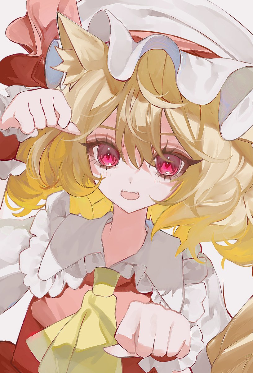 ebi mayopuri, flandre scarlet, touhou, highres, 1girl, animal ears, ascot, blonde hair, cat ears, cat girl, collar, hat, hat ribbon, mob cap, open mouth, red eyes, red vest, ribbon, skirt, skirt set, solo, upper body, vest, white hat, yellow ascot