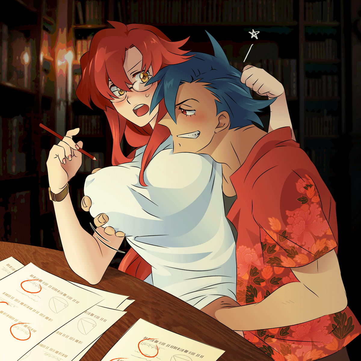 hayami sukaruchinofu, kamina (ttgl), yoko littner, yomako, tengen toppa gurren lagann, highres, 00s, 1boy, 1girl, aged up, blue hair, breasts, glasses, grabbing another's breast, grabbing another's hair, groping, hetero, holding another's hair, large breasts, long hair, red eyes, red hair, watch, wristwatch, yellow eyes