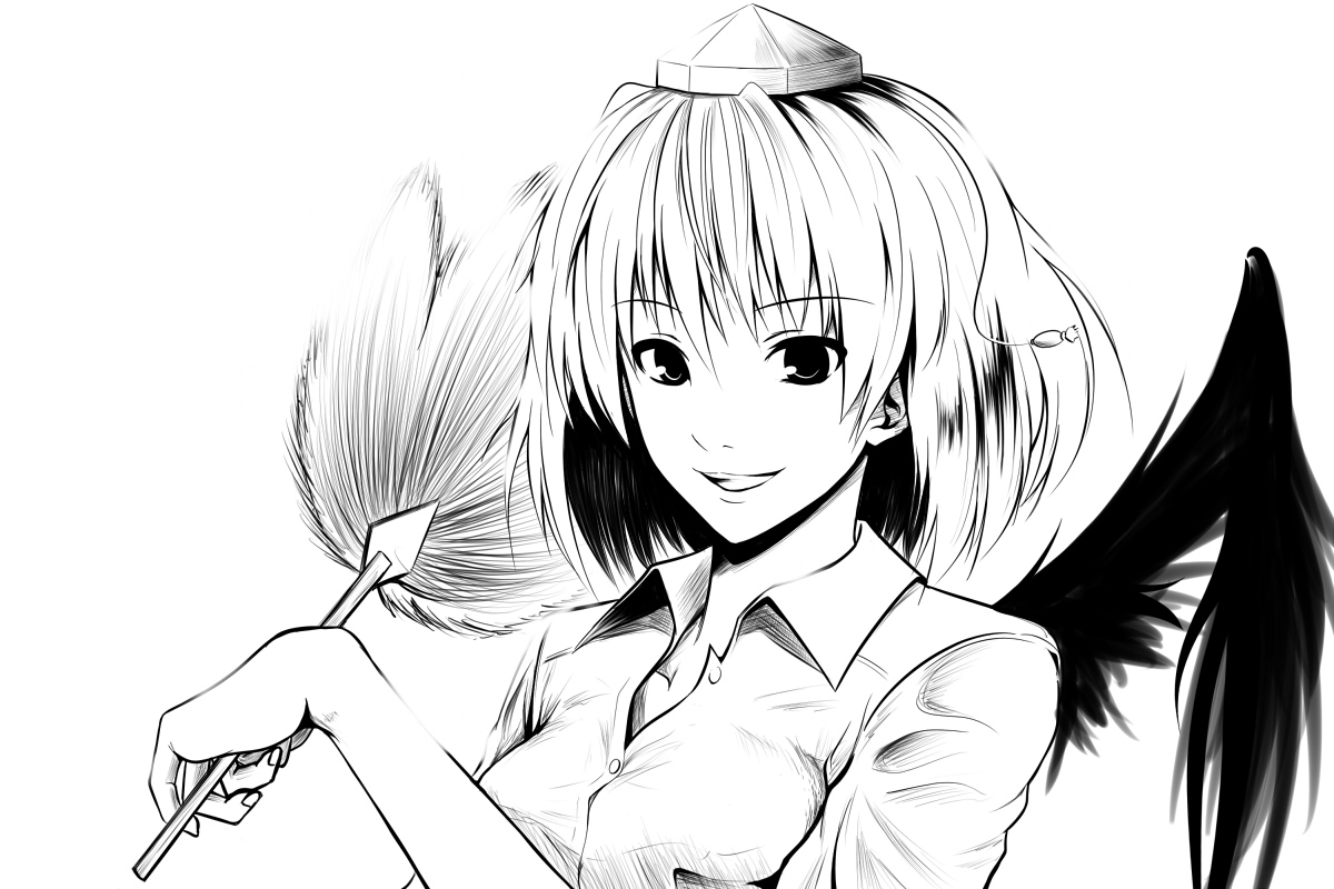 chipa (arutana), shameimaru aya, touhou, bad id, bad pixiv id, 1girl, female focus, greyscale, hand fan, hat, monochrome, smile, solo, tokin hat, upper body, white background, wings