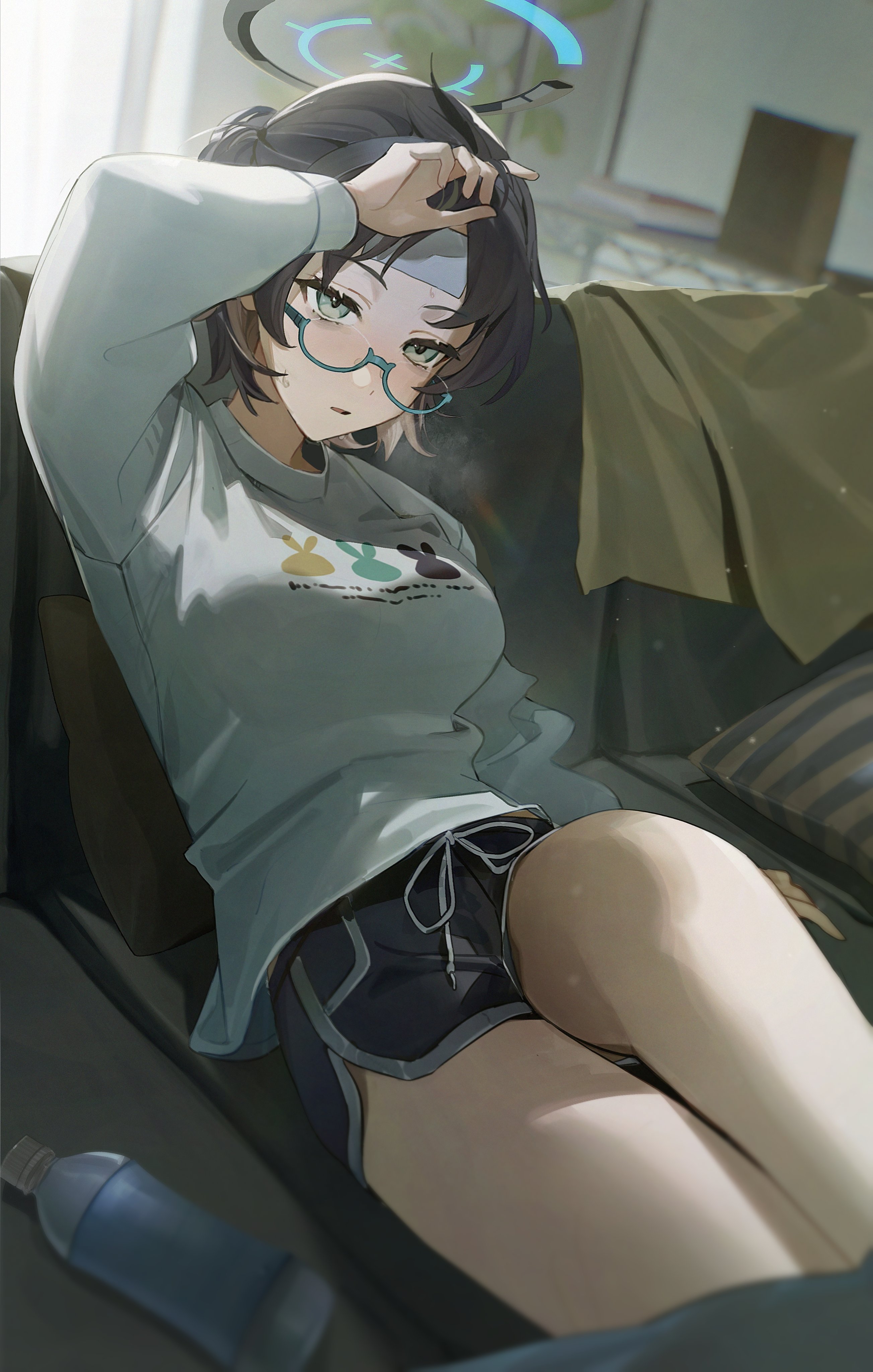 flatshi, chihiro (blue archive), chihiro (pajamas) (blue archive), blue archive, absurdres, highres, 1girl, black hair, black shorts, blue-framed eyewear, blue halo, blush, dolphin, glasses, green eyes, halo, long sleeves, looking at viewer, official alternate costume, official alternate hairstyle, open mouth, parted bangs, ponytail, semi-rimless eyewear, shirt, shorts, solo, white shirt