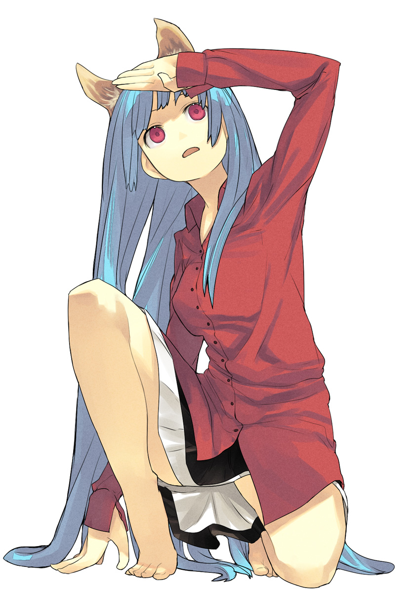 hama (22ji kara 24ji), original, bad id, bad pixiv id, highres, 1girl, animal ears, barefoot, blue hair, female focus, kneeling, long hair, on one knee, red eyes, shading eyes, solo, very long hair