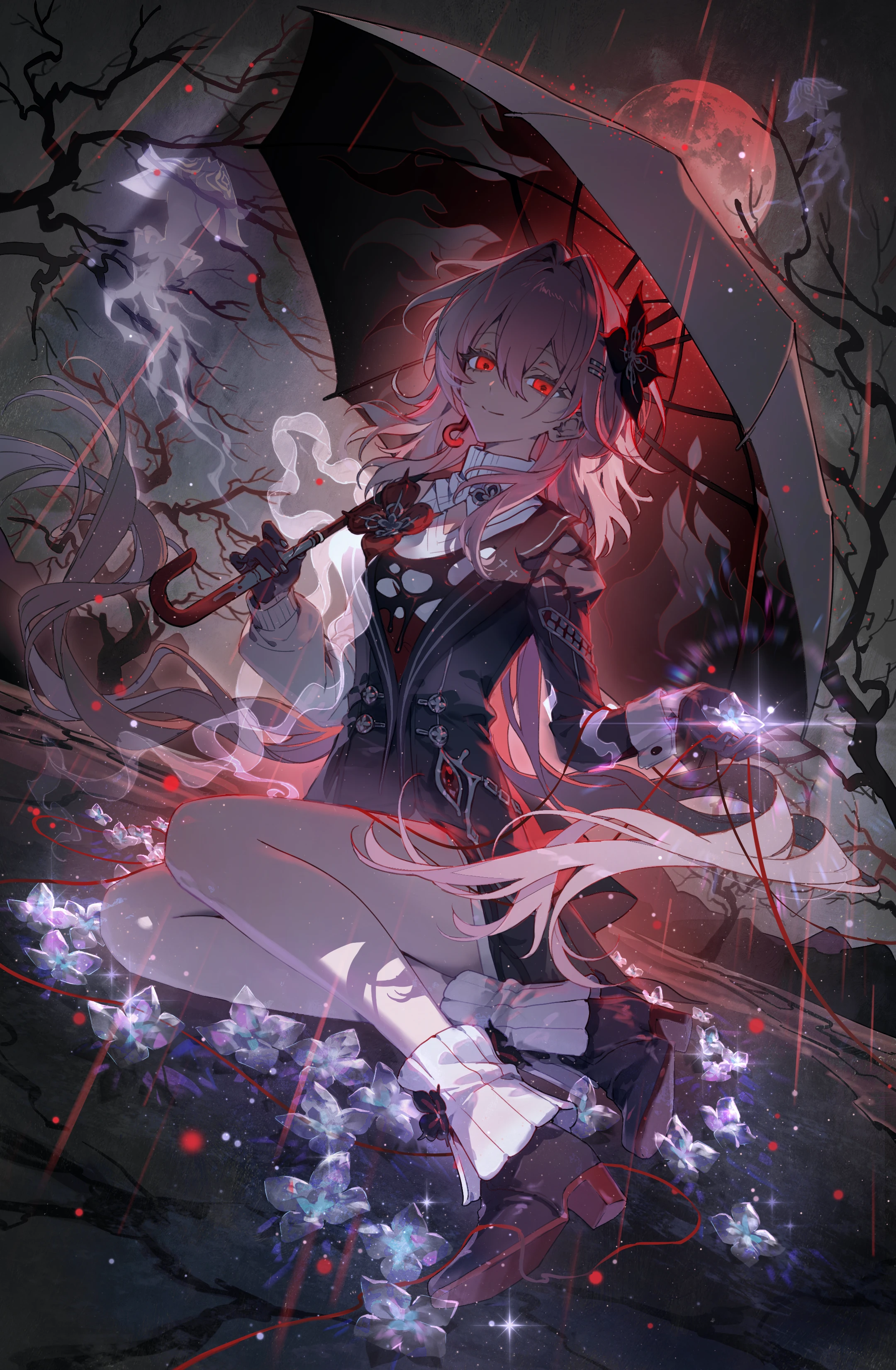 snowcake47, evernight (honkai: star rail), march 7th (honkai: star rail), honkai: star rail, honkai (series), absurdres, highres, second-party source, 1girl, black boots, black dress, black gloves, black umbrella, boots, closed mouth, dress, full body, gloves, hair between eyes, holding, holding umbrella, long hair, long sleeves, looking at viewer, official alternate costume, official alternate eye color, official alternate hair length, official alternate hairstyle, outdoors, pink hair, red eyes, sitting, smile, umbrella, yokozuwari