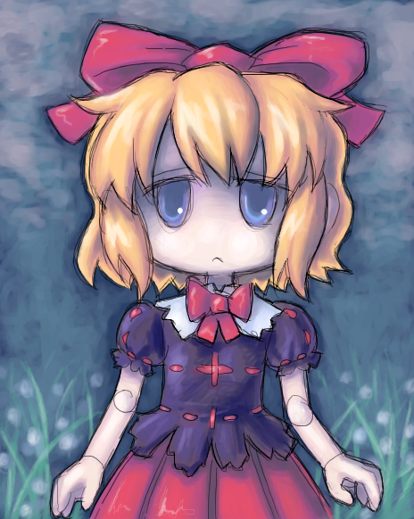 kouotsu, medicine melancholy, touhou, 1girl, blonde hair, doll joints, female focus, flower, joints, outdoors, plant, ribbon, solo, standing