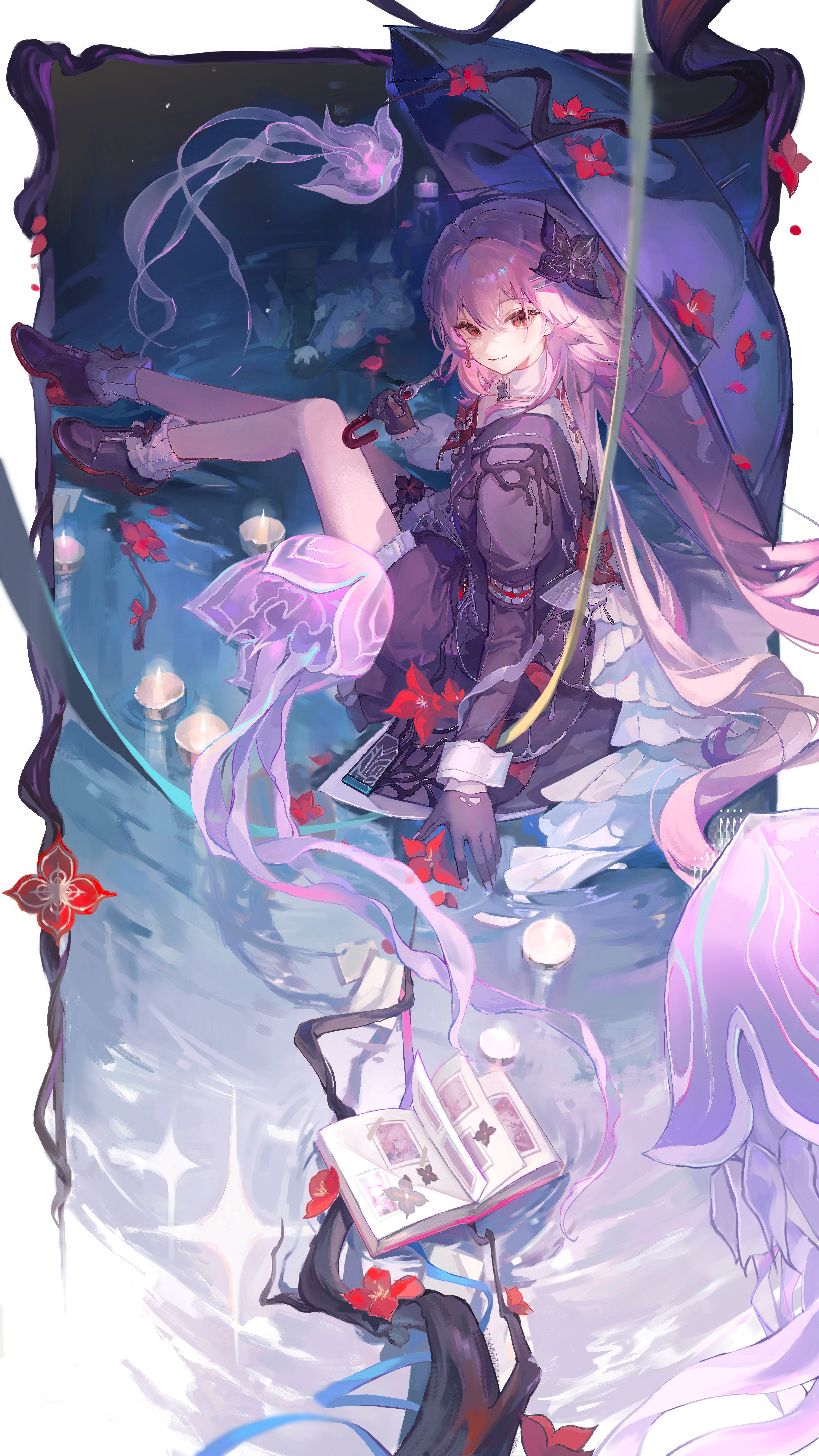 blinklikeer, evernight (honkai: star rail), march 7th (honkai: star rail), march 7th (preservation) (honkai: star rail), honkai: star rail, honkai (series), absurdres, highres, second-party source, 1girl, black boots, black gloves, black umbrella, book, boots, full body, gloves, hair between eyes, hair ornament, holding, holding umbrella, knee up, long hair, long sleeves, official alternate eye color, official alternate hair length, official alternate hairstyle, open book, parted lips, pink hair, red eyes, sitting, smile, solo, umbrella, very long hair