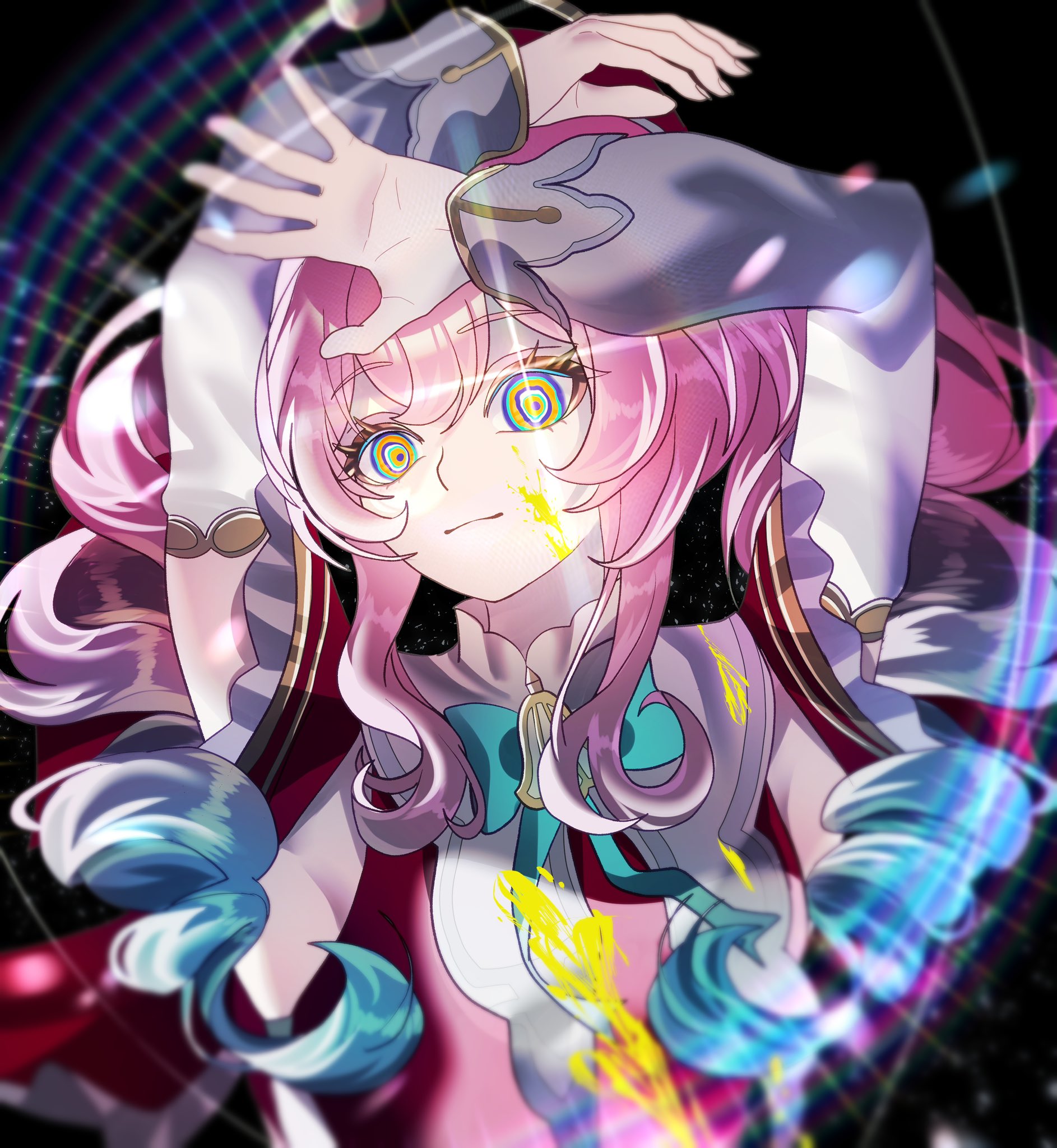 oekakidekinai1, hyacine (honkai: star rail), honkai: star rail, honkai (series), highres, 1girl, alternate eye color, aqua hair, aquila (honkai: star rail), dress, drill hair, gold blood, hat, long hair, looking at viewer, multicolored hair, pink hair, red dress, red hat, ringed eyes, solo, twintails