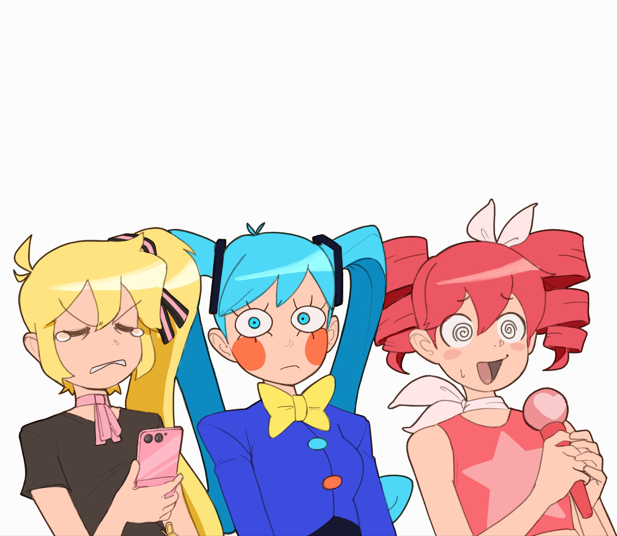 rirurirue, akita neru, hatsune miku, kasane teto, kasane teto (sv), spoken for (synthesizer v), synthesizer v, triple baka (vocaloid), vocaloid, commentary, english commentary, highres, @ @, ahoge, aqua eyes, aqua hair, bare shoulders, black shirt, blonde hair, blue jacket, blush stickers, boots, bow, bowtie, cellphone, choker, clenched teeth, closed eyes, crop top, drill hair, flip phone, flop era (vocaloid), hair between eyes, hair bow, hair ribbon, holding, holding microphone, holding phone, jacket, long eyelashes, long hair, looking at viewer, microphone, neckerchief, nervous smile, open mouth, phone, pink ribbon, print shirt, red hair, red shirt, ribbon, ribbon choker, shirt, side ponytail, simple background, sleeveless, sleeveless shirt, smile, songover, star (symbol), star print, static (vocaloid), tearing up, teeth, twin drills, twintails, v-neck, v-shaped eyebrows, white background, white boots, white neckerchief, yellow bow, yellow bowtie