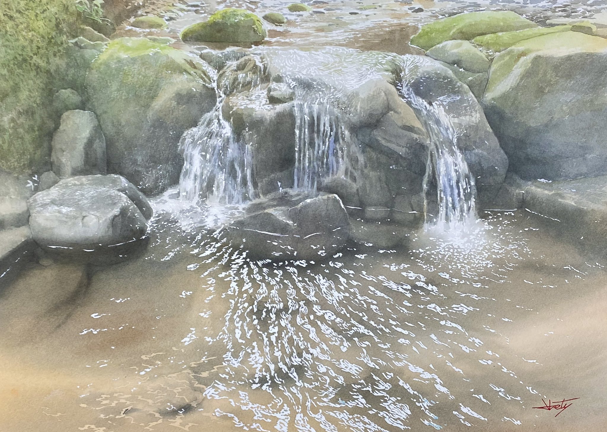 abe toshiyuki, original, commentary request, highres, painting (medium), traditional media, watercolor (medium), boulder, day, moss, no humans, outdoors, scenery, signature, stream, water