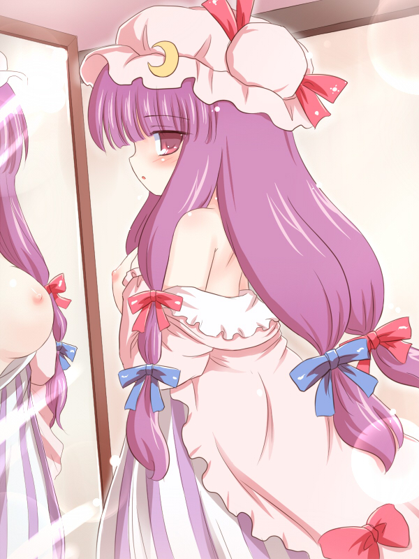 ry (yagoyago), patchouli knowledge, touhou, 1girl, breasts, dress, female focus, hat, indoors, long hair, mirror, nipples, purple hair, solo