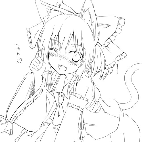 gotyou, hakurei reimu, touhou, lowres, 1girl, animal ears, blush, bow, cat ears, cat girl, cat tail, detached sleeves, female focus, greyscale, hair bow, japanese clothes, kemonomimi mode, large bow, leaning forward, miko, monochrome, nyan, one eye closed, paw pose, skirt, solo, tail, white background, wink