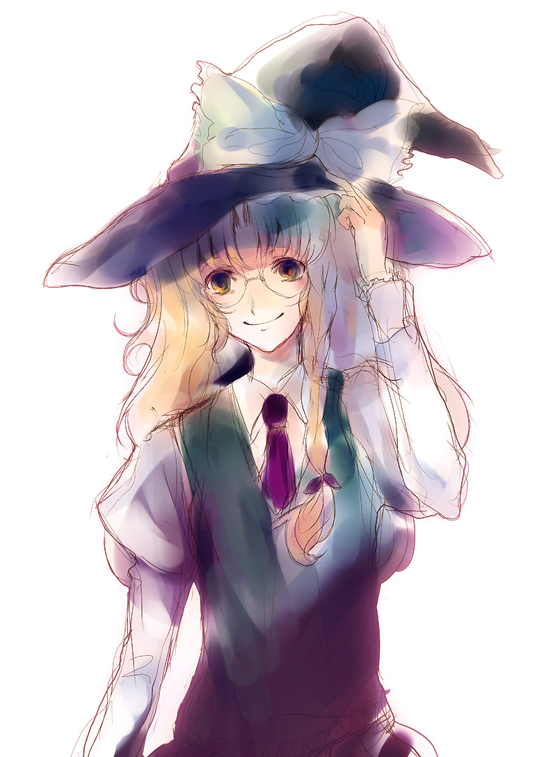 nokishita, kirisame marisa, touhou, 1girl, adapted costume, bespectacled, blonde hair, female focus, glasses, hand on headwear, long sleeves, looking at viewer, necktie, puffy sleeves, sketch, solo, vest