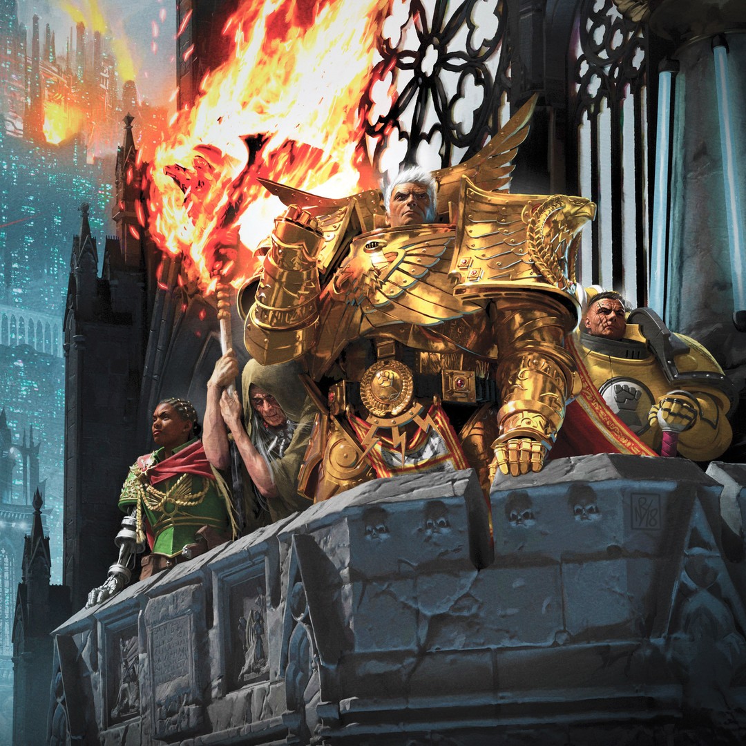 artofneilroberts, adeptus astartes, imperial fists, rogal dorn, warhammer 40k, commentary, english commentary, making-of available, official art, 1girl, 3boys, architecture, armor, breastplate, cape, closed mouth, dark-skinned female, dark skin, fire, flaming weapon, gauntlets, gold armor, malcador the sigillite, multiple boys, outdoors, pauldrons, power armor, primarch, prosthesis, prosthetic arm, red cape, rerebrace, shoulder armor, standing, the auric armor, vambraces, weapon
