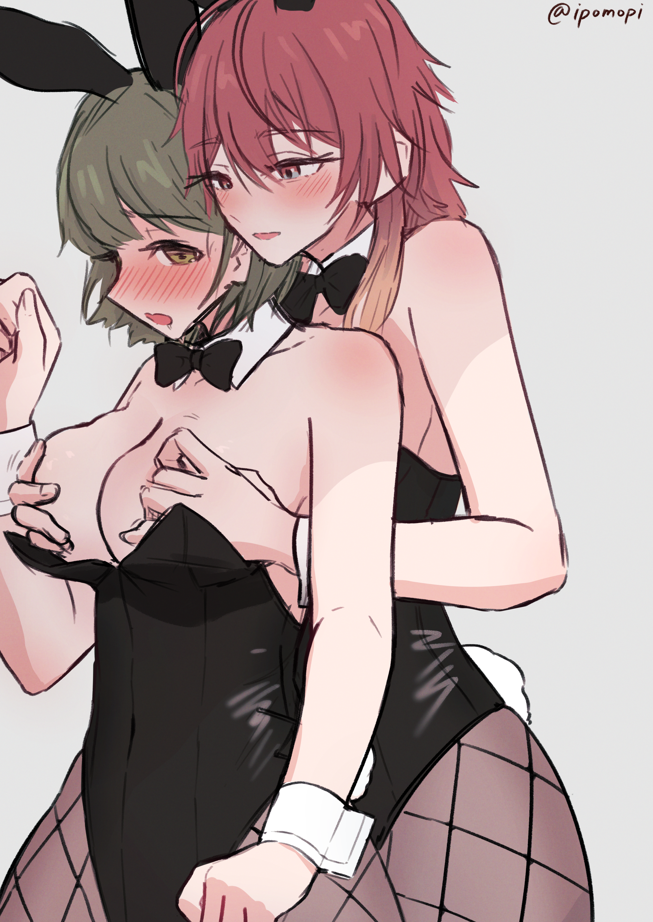 ipomopi, aketa mikoto, nanakusa nichika, idolmaster, idolmaster shiny colors, absurdres, commentary request, highres, 2girls, animal ear hairband, animal ears, black bow, black bowtie, black leotard, blush, bow, bowtie, breasts, brown hair, collarbone, detached collar, fake animal ears, fake tail, fishnet pantyhose, fishnets, grabbing another's breast, grabbing from behind, green hair, groping, hairband, leotard, medium breasts, multiple girls, nipple stimulation, nipple tweak, nose blush, pantyhose, playboy bunny, rabbit ear hairband, rabbit ears, rabbit tail, simple background, smile, strapless, strapless leotard, tail, twitter username, wrist cuffs, yuri