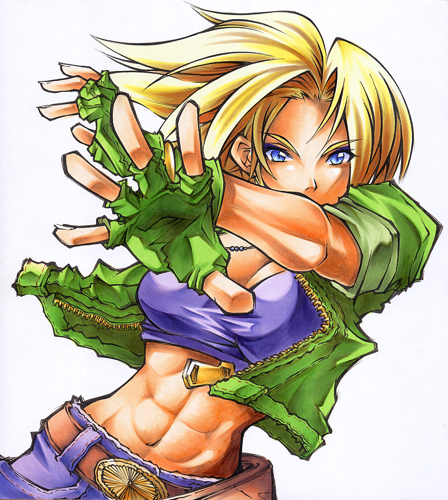 calnarsa, blue mary, fatal fury, snk, the king of fighters, traditional media, 1girl, abs, belt, blue eyes, breasts, cleavage, female focus, fingerless gloves, gloves, large breasts, muscular, shikishi, sleeves rolled up, solo
