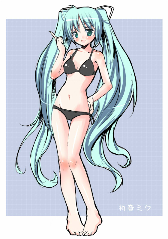 pikazo, hatsune miku, vocaloid, 1girl, aqua eyes, aqua hair, barefoot, bikini, black bikini, body blush, feet, female focus, green eyes, hand on own hip, hip focus, index finger raised, knees together feet apart, legs together, long hair, looking at viewer, navel, pointing, shiny skin, side-tie bikini bottom, smile, solo, strap gap, swimsuit, thigh gap, twintails, very long hair