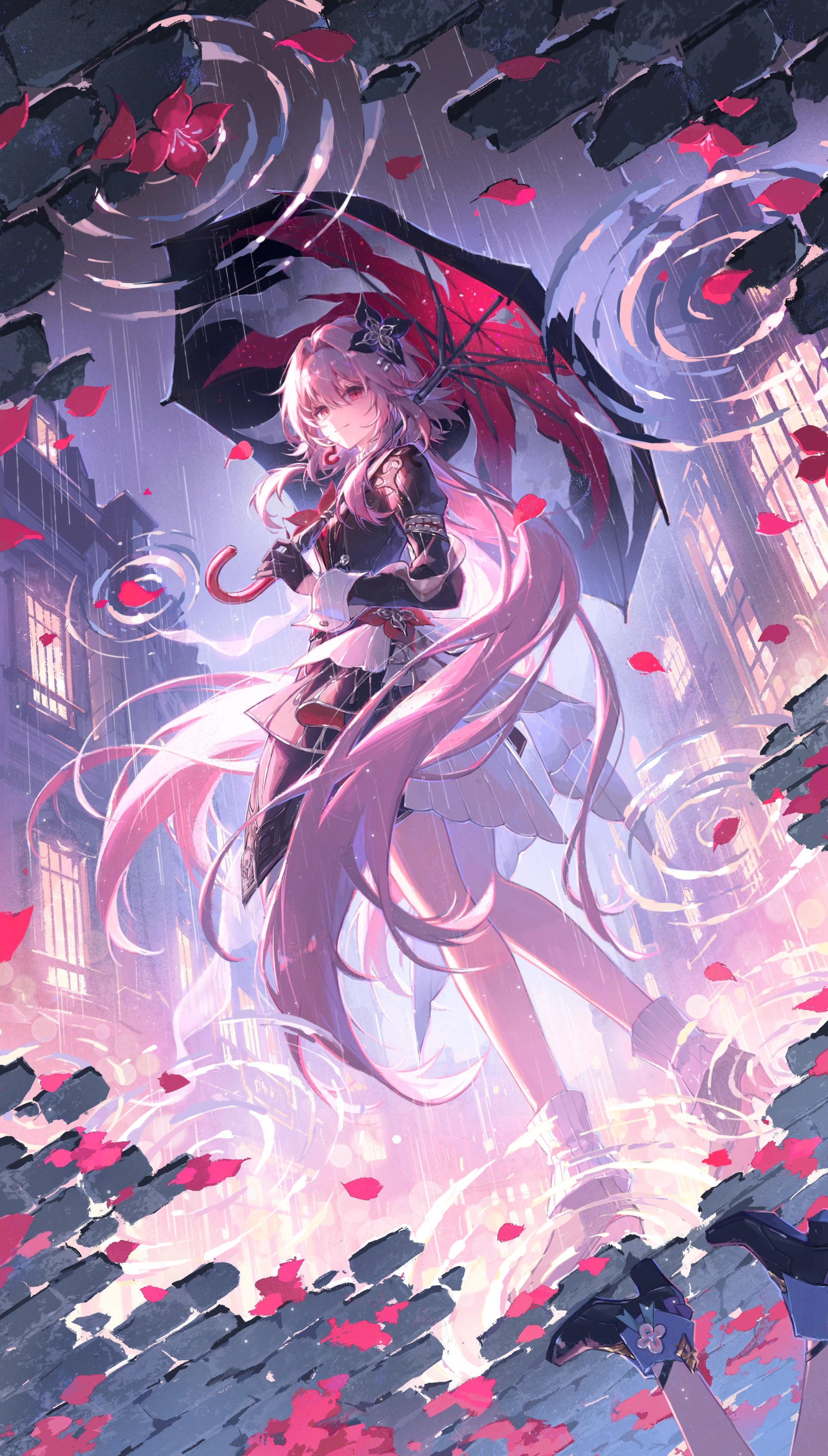 polora, evernight (honkai: star rail), march 7th (honkai: star rail), march 7th (preservation) (honkai: star rail), honkai: star rail, honkai (series), absurdres, highres, second-party source, 1girl, black boots, black gloves, black umbrella, boots, closed mouth, different reflection, earrings, floating hair, full body, gloves, hair between eyes, hair ornament, holding, holding umbrella, jewelry, long hair, long sleeves, looking at viewer, official alternate costume, official alternate eye color, official alternate hair length, official alternate hairstyle, outdoors, rain, red eyes, reflection, single earring, smile, standing, umbrella, very long hair, water drop