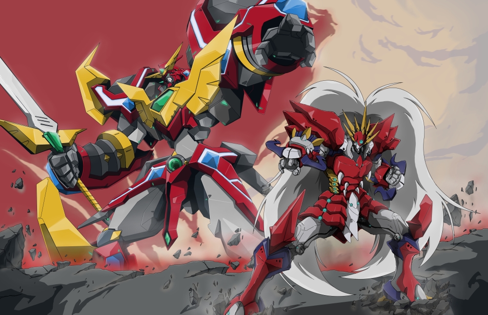 compatible kaiser, ialdabaoth, banpresto, super robot wars, super robot wars original generation, super robot wars original generation gaiden, long hair, mecha, robot, smoke, sword, weapon