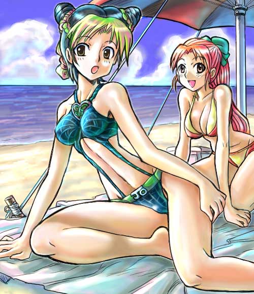 mitsurou, kuujou jolyne, mani atsuko, momote yaiko, jojo no kimyou na bouken, stone ocean, taizou mote king saga, 2girls, bare shoulders, beach, bikini, braid, breasts, cleavage, cosplay, day, double bun, green eyes, kujo jolyne (cosplay), kuujou jolyne (cosplay), long hair, medium breasts, multicolored hair, multiple girls, red hair, smile, swimsuit