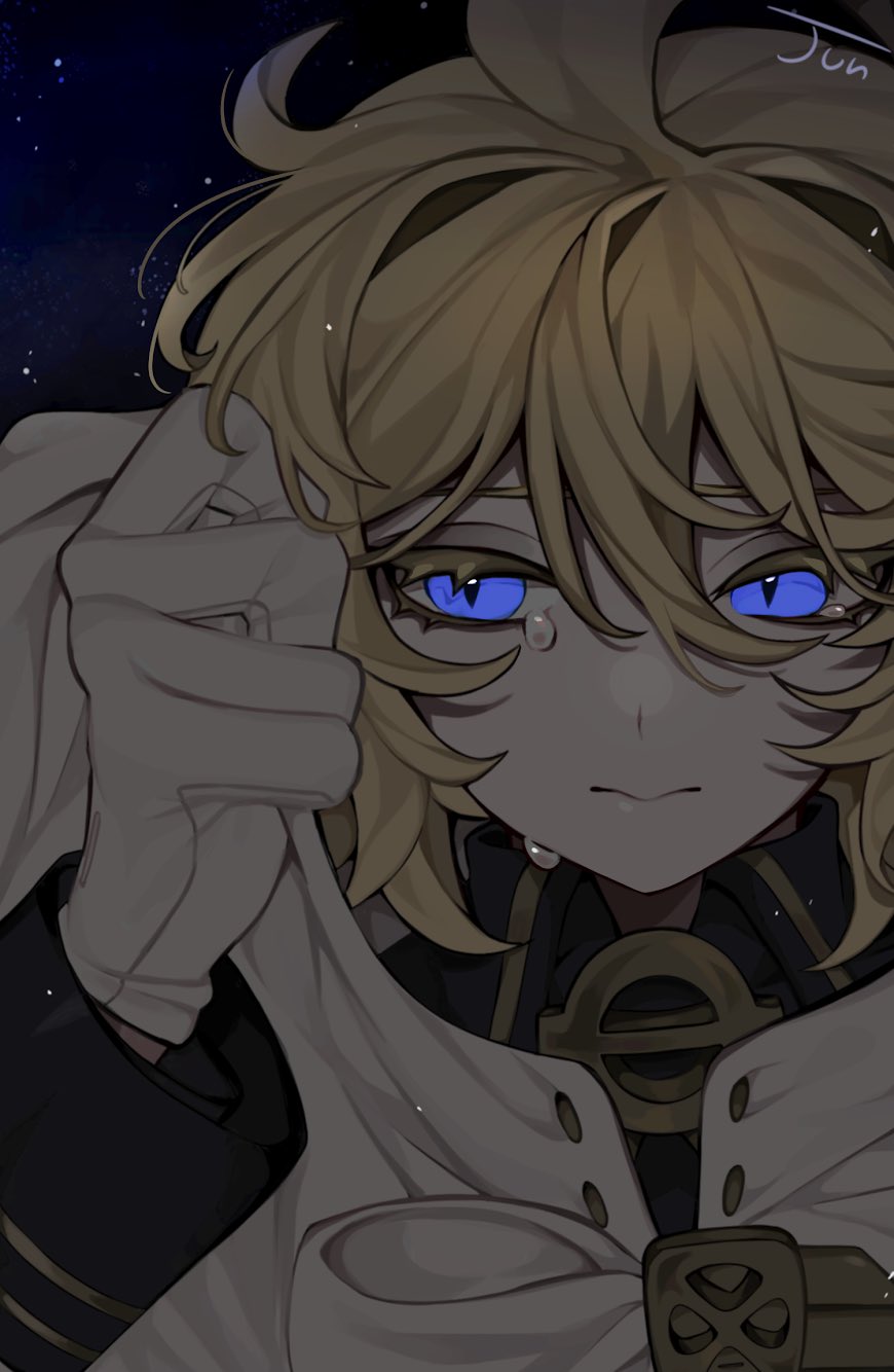 hyakuya mikaela, owari no seraph, bad id, bad twitter id, highres, 1boy, artist name, black shirt, blonde hair, blue eyes, breasts, closed mouth, collared shirt, crying, crying with eyes open, gloves, hair between eyes, hood, hooded jacket, jacket, jun hanase, long sleeves, looking to the side, male focus, medium breasts, military uniform, shirt, slit pupils, solo, tears, white gloves, white jacket