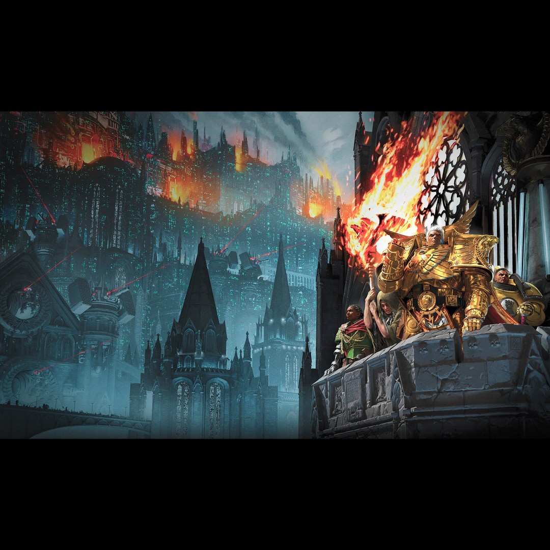 artofneilroberts, adeptus astartes, imperial fists, rogal dorn, warhammer 40k, commentary, english commentary, making-of available, official art, 1girl, 3boys, architecture, armor, breastplate, closed mouth, dark-skinned female, dark skin, gauntlets, gold armor, malcador the sigillite, multiple boys, outdoors, pauldrons, power armor, primarch, rerebrace, shoulder armor, standing, vambraces