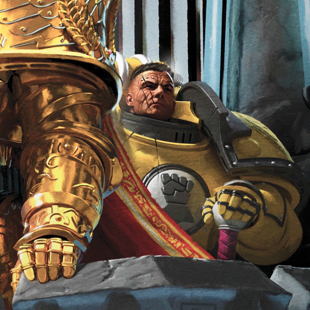 artofneilroberts, adeptus astartes, imperial fists, rogal dorn, warhammer 40k, commentary, english commentary, making-of available, official art, 2boys, architecture, armor, closed mouth, gold armor, multiple boys, out of frame, outdoors, power armor, primarch, standing