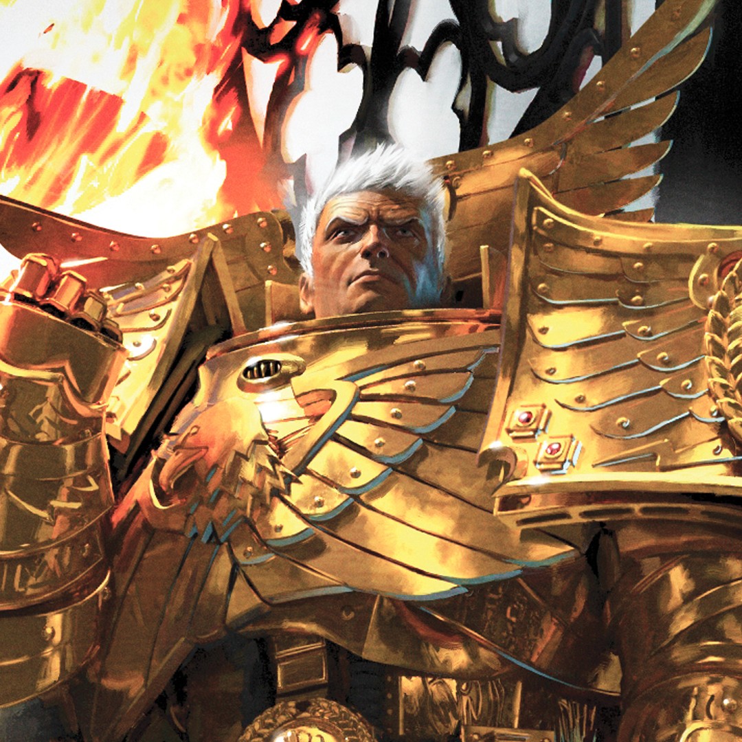 artofneilroberts, imperial fists, rogal dorn, warhammer 40k, commentary, english commentary, making-of available, official art, 1boy, architecture, armor, closed mouth, gold armor, outdoors, power armor, primarch, solo, standing
