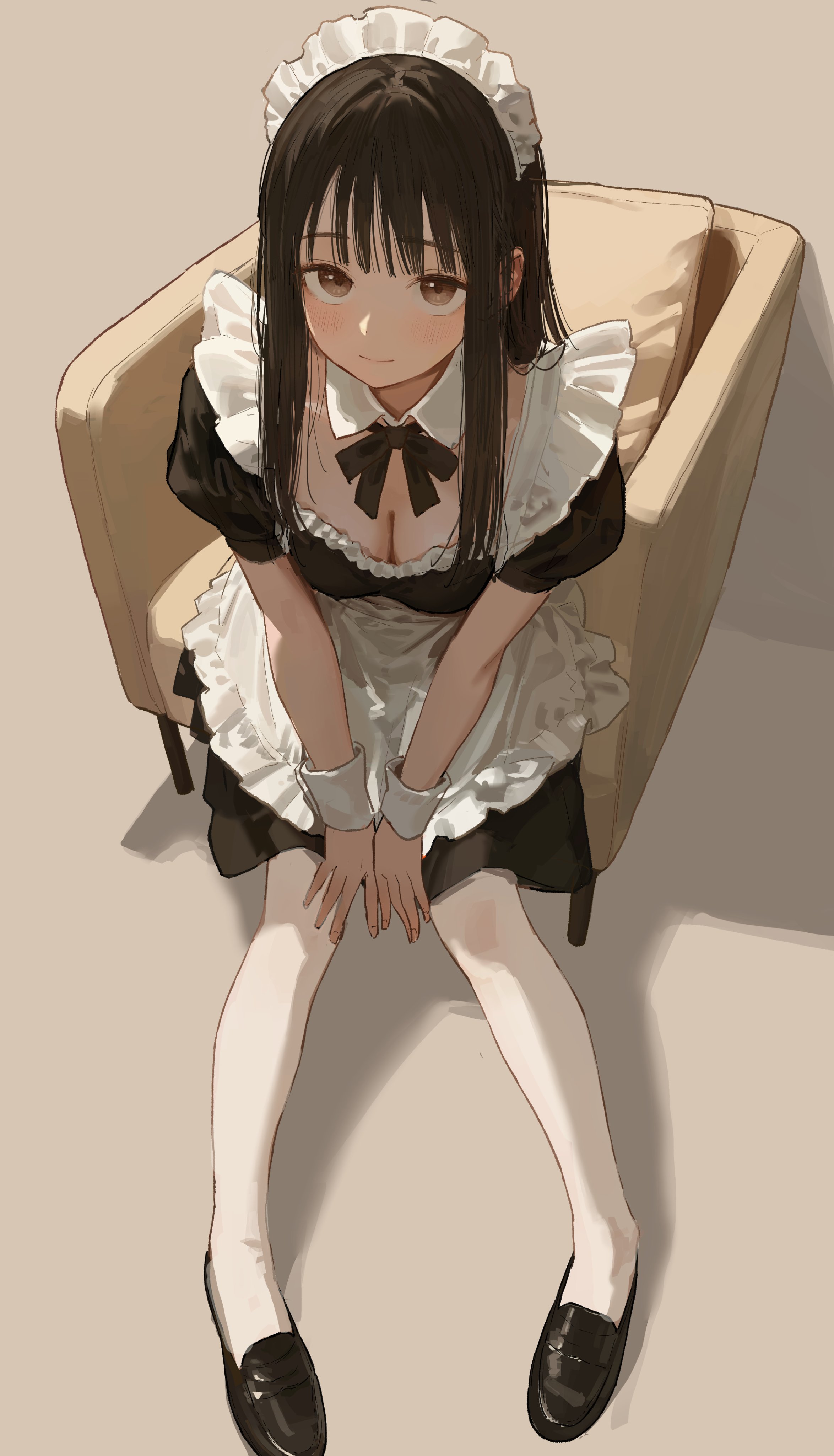 akipeko, original, absurdres, highres, 1girl, apron, black dress, black hair, blush, breasts, brown eyes, cleavage, closed mouth, dress, frilled apron, frills, from above, full body, long hair, looking at viewer, looking up, maid, maid apron, maid headdress, medium breasts, pantyhose, puffy short sleeves, puffy sleeves, shadow, shoes, short sleeves, simple background, sitting, smile, solo, white apron, white background, white pantyhose