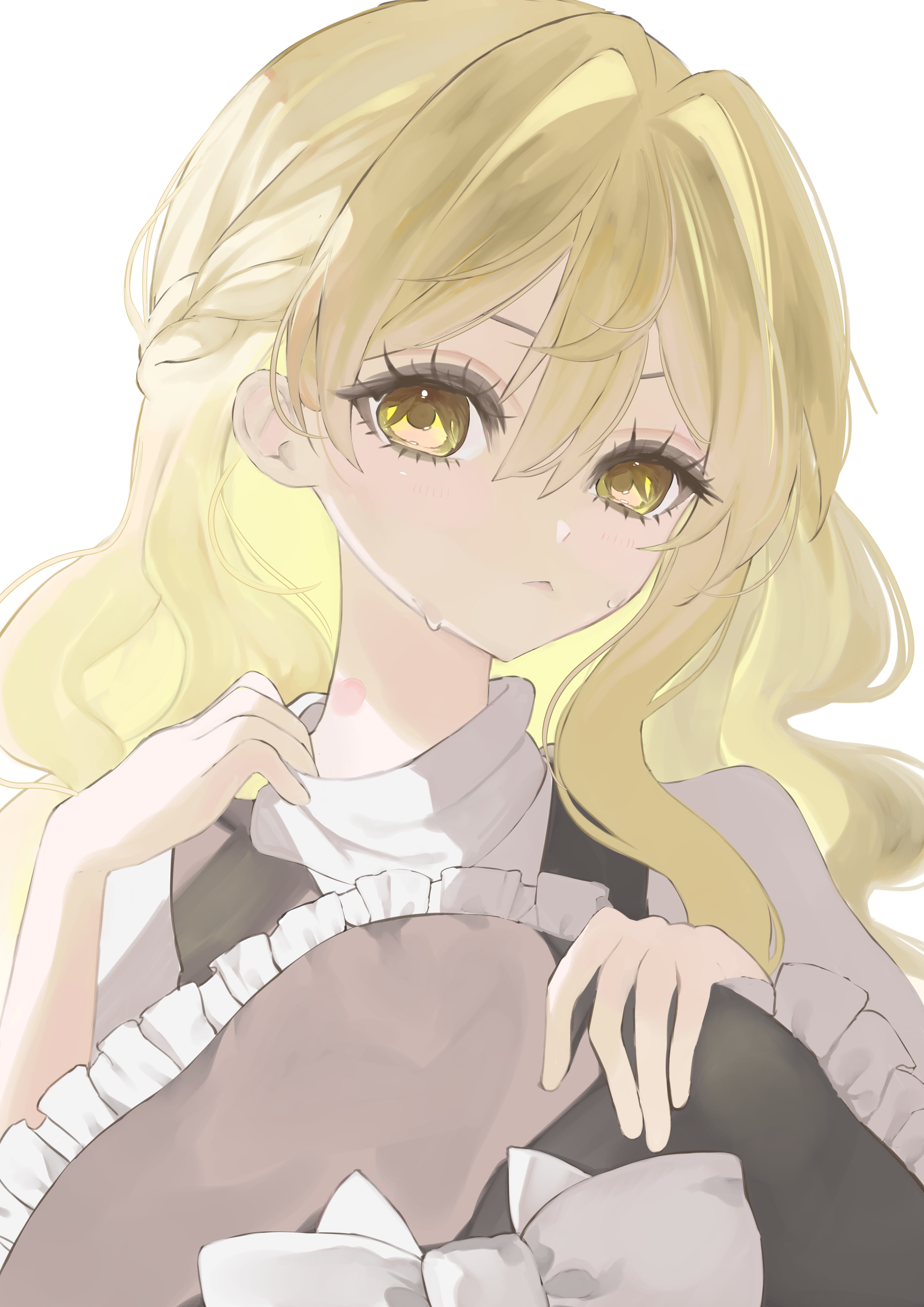 ebi mayopuri, kirisame marisa, touhou, absurdres, highres, 1girl, apron, blonde hair, blush, bow, braid, closed mouth, hair between eyes, hat, hat bow, holding, side braid, single braid, solo, upper body, white bow, witch hat, yellow eyes