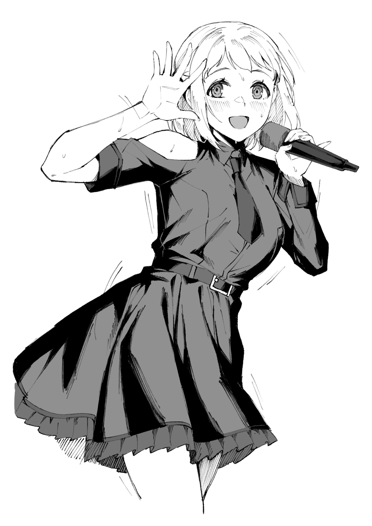 deras, katsuragi lilja, gakuen idolmaster, idolmaster, commentary request, highres, 1girl, asymmetrical sleeves, belt, blush, clothing cutout, cropped legs, dress, greyscale, hakusen (idolmaster), hands up, holding, holding microphone, looking at viewer, microphone, monochrome, necktie, official alternate costume, pinky out, short hair, short necktie, shoulder cutout, smile, solo, sweat