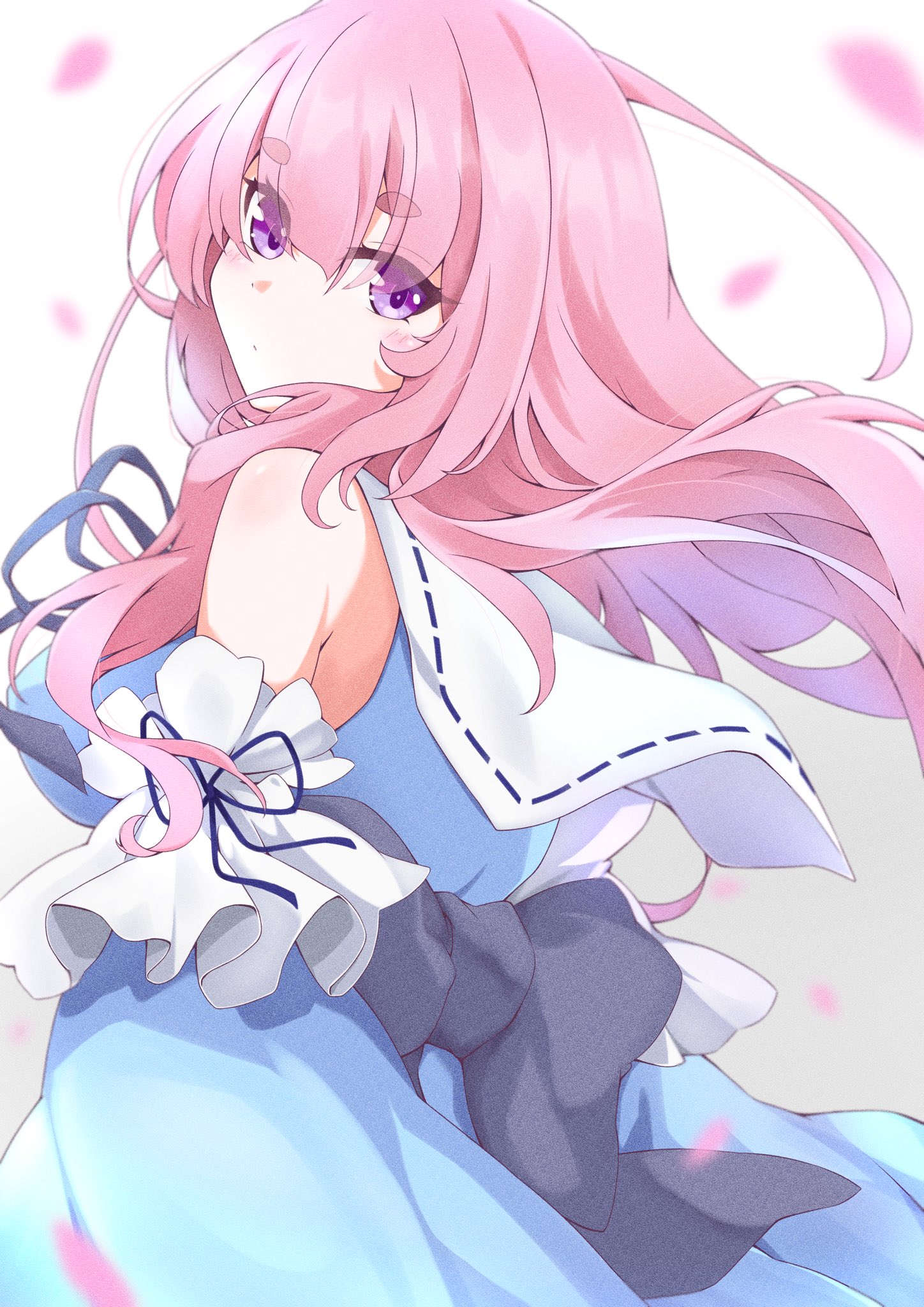 yako amahara, saigyouji yuyuko, touhou, commentary, highres, symbol-only commentary, 1girl, back bow, bare shoulders, blue bow, blue dress, bow, closed mouth, dot mouth, dress, expressionless, falling petals, from behind, long hair, looking at viewer, looking back, petals, pink hair, purple eyes, ribbon-trimmed collar, ribbon trim, solo