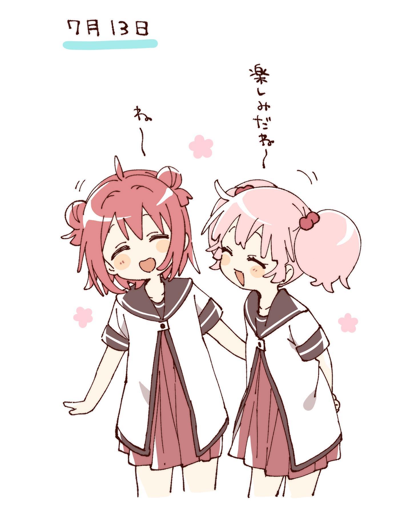 namori, akaza akari, yoshikawa chinatsu, yuruyuri, hashtag-only commentary, highres, translation request, 2girls, :d, ^ ^, ahoge, blush stickers, brown sailor collar, closed eyes, cropped legs, double bun, dress, facing another, hair bobbles, hair bun, hair ornament, multiple girls, nanamori school uniform, open mouth, pink hair, pleated dress, red dress, red hair, sailor collar, school uniform, shirt, short hair, short sleeves, short twintails, simple background, smile, summer uniform, twintails, white background, white shirt