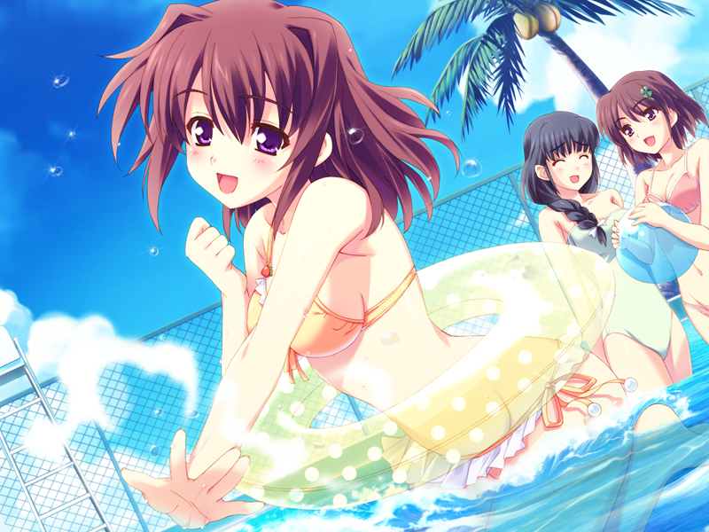 kusukusu, ayase misaki, karin's mama, satomura karin, sakura strasse, game cg, non-web source, 3girls, bikini, braid, brown hair, clover, day, four-leaf clover, innertube, multiple girls, open mouth, polka dot, purple eyes, side braid, smile, splashing, swim ring, swimsuit, water